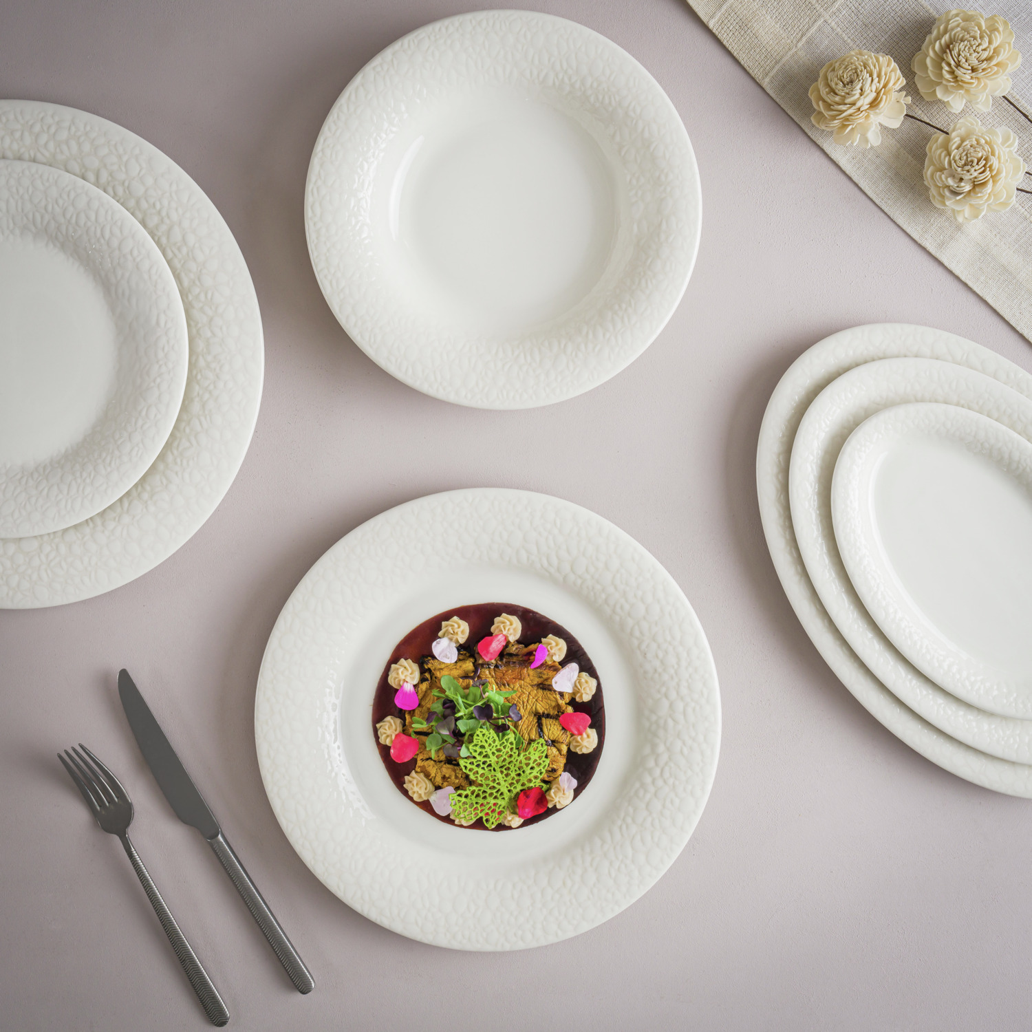 Bonna Marlena Deep Plate, 23 cm White Hard Porcelain, Textured Relief Rim, Impact and Edge Resistant, Dishwasher and Microwave Safe