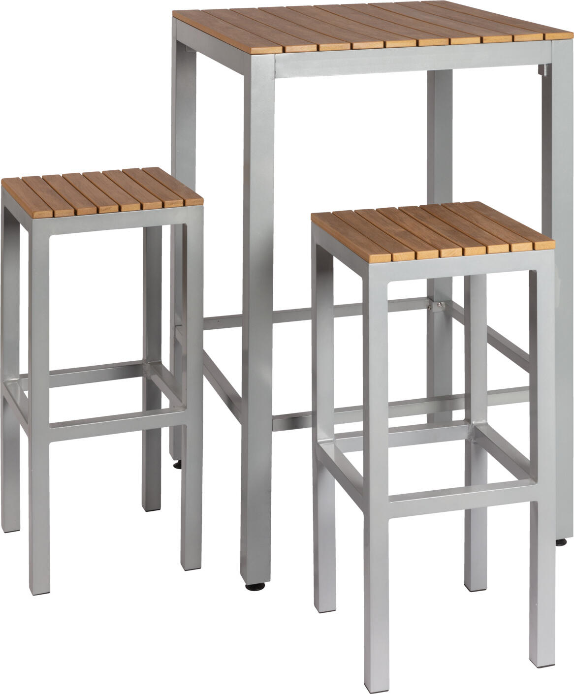 PULSIVA LUSINI Solutions GmbH Outdoor seating group bar table with stool Resistance weathe Outdoor-Sitzgruppe Stehtisch mit Hocker Resistance wetterfes Outdoor seating group bar table with stool Resistance weatherproof 3-piece; grey/brown Outdoor-Sitzgruppe Stehtisch mit Hocker Resistance wetterfest 3-tlg.; grau/braun This weatherproof Resistance bar table group, consisting of 2 Resistance bar stools and the matching Resistance bar table, is ideal for outdoor use and invites you to spend relaxing hours outdoors. The outdoor chair and table are made of lightweight, powder-coated aluminum (material thickness 1.5 cm). The seat and table top are made of 1.5 cm thick plastic slats with a teak look. Stackable, weatherproof and UV-resistant. With plastic floor glides. The high table is delivered disassembled, fastening material included. Note: Outdoor tables with plastic slats in a wood look have many advantages over tables with wooden table tops. However, there are a few points to bear in mind when using these tables: Glasses or other glass objects such as ashtrays or vases can cause a burning glass effect (magnifying glass effect) in direct sunlight, which can damage the surface. Diese wetterfeste Stehtischgruppe Resistance, bestehend aus 2 Barhockern Resistance und dem passenden Stehtisch Resistance, ist ideal für den Outdoor-Bereich und lädt zu entspannten Stunden im Freien ein. Der Outdoorstuhl und -Tisch  sind aus  leichtem, pulverbeschichteten Aluminium (Materialstärke 1,5 cm). Sitzfläche und Tischplatte sind aus 1,5 cm dicken Kunststoff-Leisten in Teak-Optik. Stapelbar, wetterfest und UV-beständig. Mit Bodengleitern aus Kunststoff. Die Lieferung des Stehtisches erfolgt zerlegt, Befestigungsmaterial inklusive. Hinweis: Outdoortische mit Kunststoffleisten in Holzoptik weisen viele Vorteile gegenüber Tischen mit Holztischplatten aus. Beim Einsatz dieser Tische sind aber einige Punkte zu beachten: Gläser oder andere Gegenstände aus Glas wie Aschenbecher oder Vasen können bei direkter Sonneneinstrahlung einen Brennglas-Effekt (Lupeneffekt) verursachen, der zu Beschädigungen der Oberfläche führen kann.
