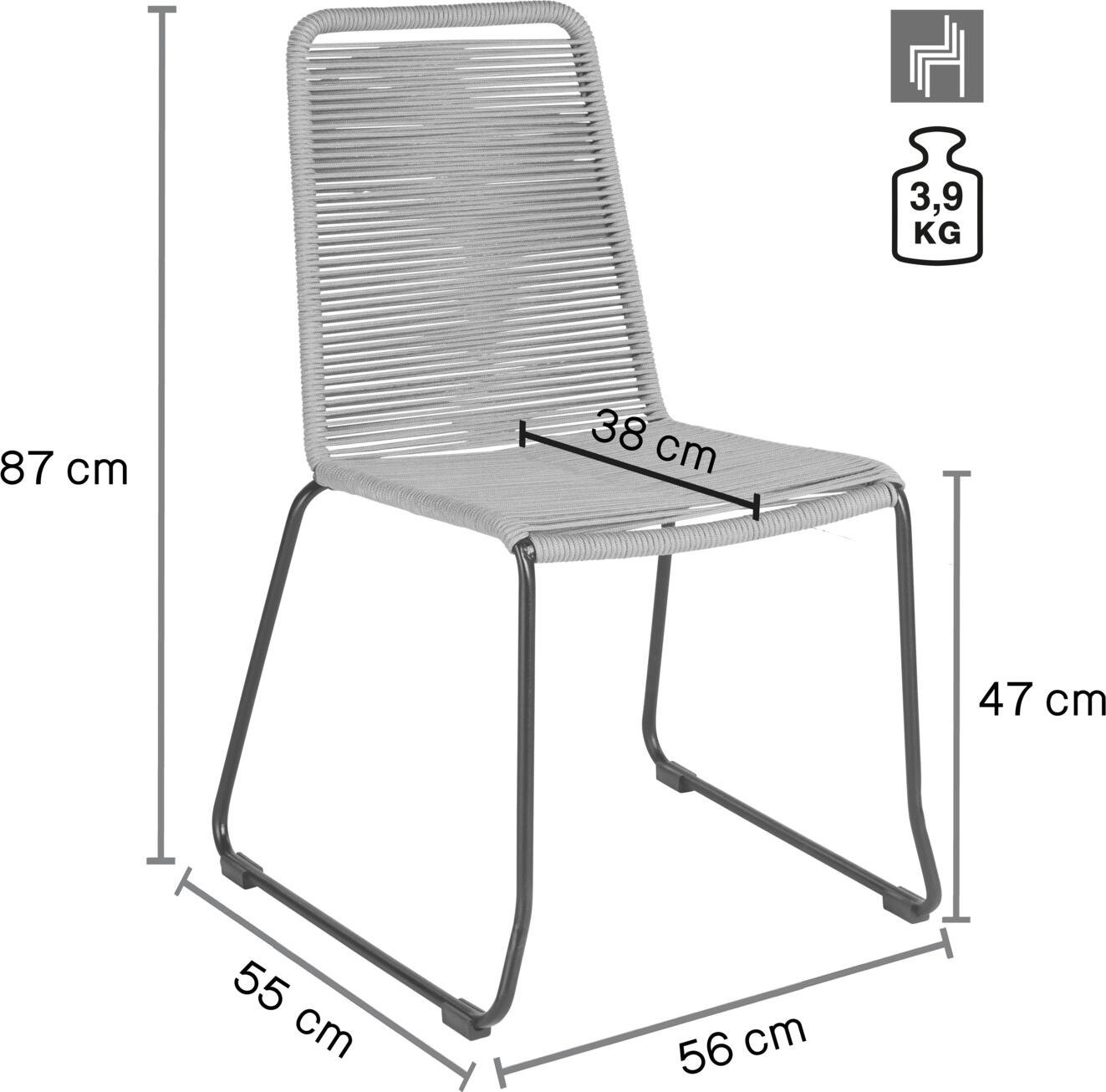 VEGA Filea Outdoor Stacking Chair without Armrests, Rope Wicker Seat, Zinc-Coated Steel Frame, UV-Resistant, Weatherproof, 58x56x87 cm, Max Load 160 kg