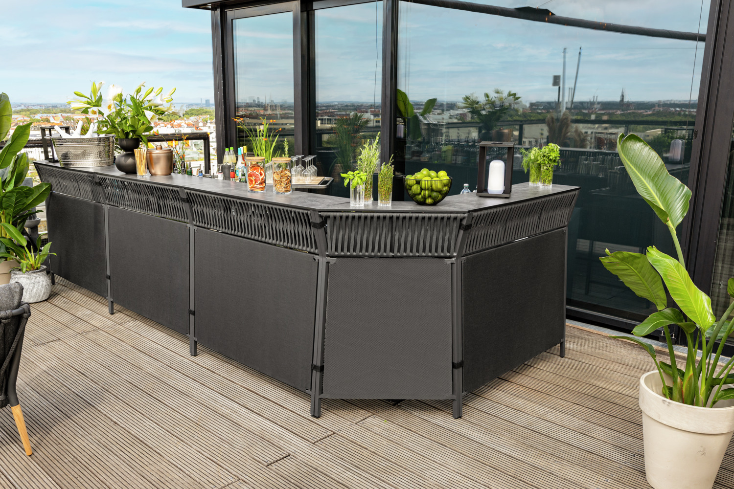 VEGA Baruba Outdoor Bar Exterior Corner Element, Powder-coated Aluminum Frame, Rope Wickerwork, HPL Compact Laminate Top, 78x56x115 cm, Weatherproof