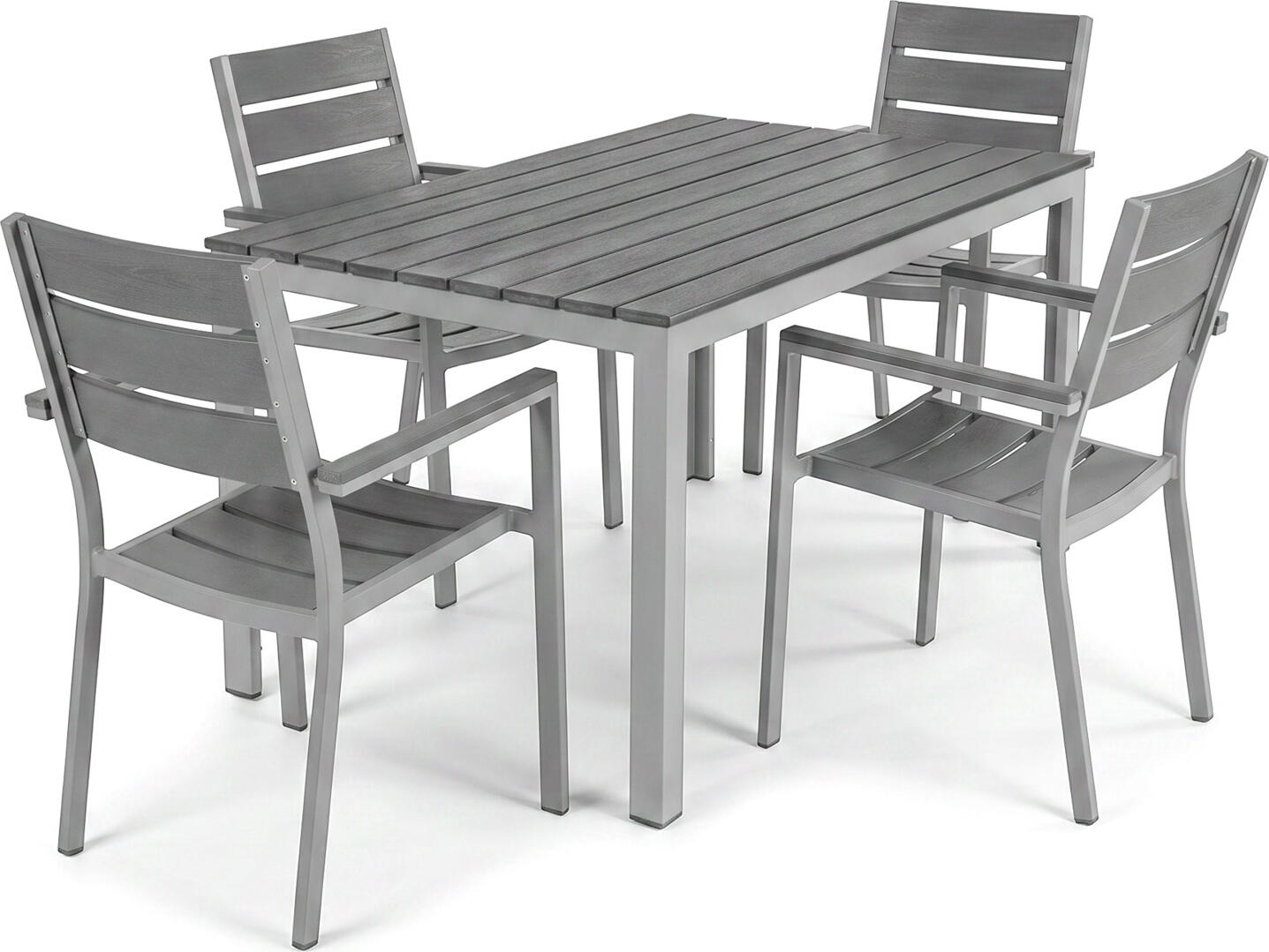 PULSIVA LUSINI Solutions GmbH Outdoor seating group Lamero 5-piece Outdoor-Sitzgruppe Lamero 5-teilig Outdoor seating group Lamero 5-piece; grey/anthracite Outdoor-Sitzgruppe Lamero 5-teilig; grau/anthrazit Outdoor set Lamero - Durable catering furniture for patios, gardens and outdoor areas. The Lamero 5-piece outdoor set combines modern, purist design with functional robustness. It is specially designed for use in the catering industry and offers a durable, easy-care solution for outdoor areas - ideal for restaurants, cafés or hotel terraces. The Lamero gastro set impresses with its high-quality combination of materials: the sturdy, rust-free aluminium frame ensures high load-bearing capacity and low weight, which makes it easy to move around in day-to-day operations. The scratch-resistant table top in a wood look creates a warm, natural atmosphere and is also easy to clean and resistant to moisture and UV radiation. With a maximum load capacity of 150 kg per chair and successful testing in accordance with EN 1728 (stability) and EN 1022 (stability), the set fulfils the requirements of professional catering use. The plastic floor glides protect sensitive floors and ensure safe standing - even on different surfaces. The table is supplied for easy self-assembly; the fixing material is included. Thanks to the well thought-out design and low weight, the set is easy to set up, move or store - a clear advantage for flexible catering operations. Set components: * 1x dining table (155×78×74 cm, L×W×H) * 4x chairs (55×60×88.5 cm, W×D×H) Advantages at a glance: * Weatherproof, UV-resistant and easy to clean * Scratch-resistant plastic table top in realistic wood look * Light, sturdy aluminium frame - rust-free and durable * Tested safety in accordance with EN 1728 and EN 1022 * Floor-friendly plastic glides for safe standing * Effortless cleaning with mild detergents and water Note: Outdoor tables with plastic slats in a wood look have many advantages over tables with wooden table tops. However, there are a few points to bear in mind when using these tables: Glasses or other glass objects such as ashtrays or vases can cause a burning glass effect (magnifying glass effect) in direct sunlight, which can damage the surface. Outdoor-Set Lamero – Langlebiges Gastro-Mobiliar für Terrasse, Garten und Außenbereich. Das Outdoor-Set Lamero 5-teilig vereint modernes, puristisches Design mit funktionaler Robustheit. Es ist speziell für den Einsatz in der Gastronomie konzipiert und bietet eine langlebige, pflegeleichte Lösung für Außenbereiche – ideal für Restaurants, Cafés oder Hotelterrassen. Das Lamero Gastro-Set überzeugt durch eine hochwertige Materialkombination: Der stabile, rostfreie Aluminiumrahmen sorgt für hohe Belastbarkeit bei gleichzeitig geringem Gewicht, was das Umstellen im täglichen Betrieb erleichtert. Die kratzfeste Tischplatte in Holzoptik schafft eine warme, natürliche Atmosphäre und ist gleichzeitig pflegeleicht sowie beständig gegen Feuchtigkeit und UV-Strahlung. Mit einer maximalen Tragkraft von 150 kg pro Stuhl und den erfolgreichen Prüfungen nach EN 1728 (Stabilität) und EN 1022 (Standsicherheit) erfüllt das Set die Anforderungen des professionellen Gastro-Einsatzes. Die Bodengleiter aus Kunststoff schützen empfindliche Böden und gewährleisten aicheren Stand – auch auf unterschiedlichen Untergründen. Der Tisch wird zur einfachen Selbstmontage geliefert; das Befestigungsmaterial liegt bei. Durch die durchdachte Konstruktion und das geringe Gewicht lässt sich das Set mühelos aufbauen, umstellen oder einlagern – ein klarer Vorteil für den flexiblen Gastronomiebetrieb. Set-Bestandteile: * 1x Esstisch (155×78×74 cm, L×B×H) * 4x Stühle (55×60×88,5 cm, B×T×H) Vorteile auf einen Blick: * Wetterfest, UV-beständig und pflegeleicht * Kratzfeste Kunststoff-Tischplatte in realistischer Holzoptik * Leichter, stabiler Aluminiumrahmen – rostfrei und langlebig * Geprüfte Sicherheit nach EN 1728 und EN 1022 * Bodenschonende Kunststoffgleiter für sicheren Stand * Mühelose Reinigung mit milden Reinigungsmitteln und Wasser Hinweis: Outdoortische mit Kunststoffleisten in Holzoptik weisen viele Vorteile gegenüber Tischen mit Holztischplatten aus. Beim Einsatz dieser Tische sind aber einige Punkte zu beachten: Gläser oder andere Gegenstände aus Glas wie Aschenbecher oder Vasen können bei direkter Sonneneinstrahlung einen Brennglas Effekt (Lupeneffekt) verursachen, der zu Beschädigungen der Oberfläche führen kann.