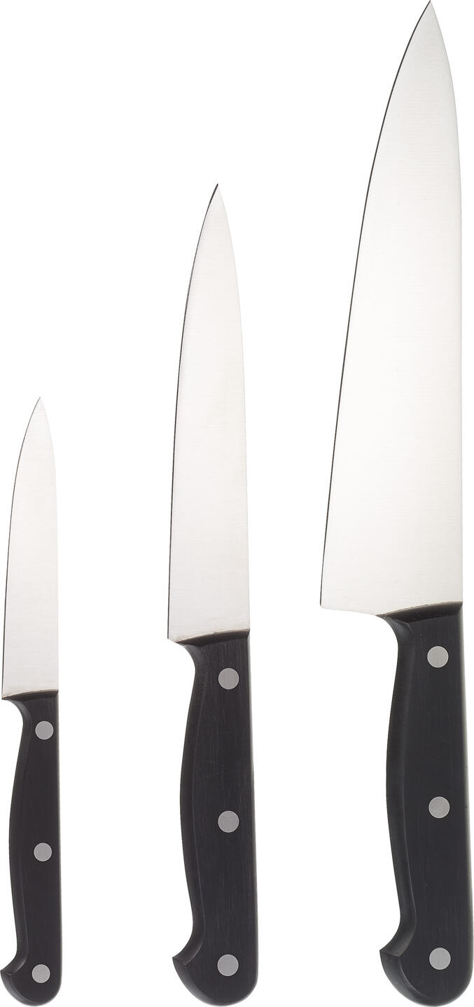 PULSIVA LUSINI Solutions GmbH Professional knife set POM 3-piece Profi Messerset POM 3-teilig Professional knife set POM 3-piece; Blade length 10 cm, 20 cm (L); black Profi Messerset POM 3-teilig; Klingenlänge 10 cm, 20 cm (L); schwarz Extremely sharp 3-piece professional kitchen knife set. With blades made of corrosion-resistant chrome-molybdenum-vanadium steel in alloy X50CrMoV15 and handle made of POM plastic (polyoxymethylene) - riveted 3 times. Long lasting sharpness guaranteed. Ergonomically designed handles with a good weight balance between handle and blade for comfortable handling. Consisting of chef knife, paring knife and all-purpose knife. Extrem scharfes drei-teiliges Profi-Küchenmesser-Set. Mit Klingen aus korrosionsbeständigem Chrom-Molybdän-Vanadium Stahl in der Legierung X50CrMoV15 und Griff aus POM Kunststoff (Polyoxymethylen) - dreifach genietet. Langanhaltende Schärfe garantiert. Ergonomisch geformte Griffe mit einer guten Gewichtsbalance zwischen Griff und Klinge für eine komfortable Handhabung. Bestehend aus Kochmesser, Gemüsemesser und Allzweckmesser.