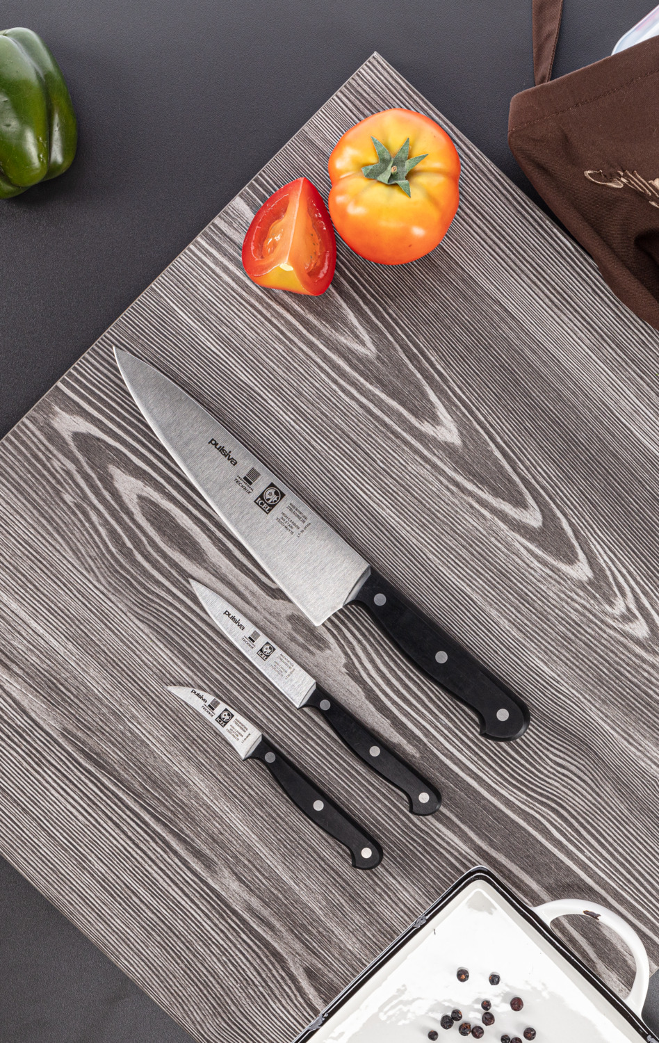 PULSIVA Professional 3-Piece Knife Set X50CrMoV15 Chrome-Molybdenum-Vanadium Steel, POM Ergonomic Triple Riveted Handles, Chef Paring All-Purpose Knives