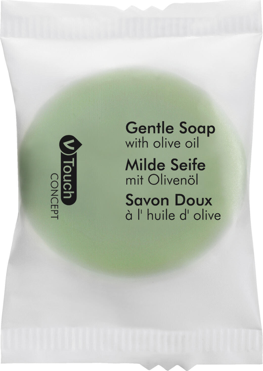 V-Touch LUSINI Solutions GmbH Hotel soap Concept Hotelseife Concept Hotel soap Concept; green/transparent; 480 piece / pack Hotelseife Concept; grün/transparent; 480 Stück / Pack The fruity, mild soap from the V-Touch Concept series is a caring all-rounder for your guest bathroom. It is ideal for mild cleansing of hands, face and body and scores with its mild foaming and caring properties. The round bar of soap contains plant extracts of olive oil and caresses the senses with its delicate fragrance composition. Dermatologically tested. The 15 g hand soap is individually packaged in a transparent packet. Die fruchtig milde Seife der Serie V-Touch Concept ist ein pflegender Allrounder für Ihre Gästebadezimmer. Es ist bestens zur milden Reinigung von Händen, Gesicht und Körper geeignet und punktet mit seinen mild schäumenden und pflegenden Eigenschaften. Das runde Seifenstück enthält pflanzliche Extrakte von Olivenöl und streichelt die Sinne mit seiner zarten Duftkomposition. Dermatologisch getestet. Die 15 g Handseife ist einzeln im transparenten Päckchen verpackt.
