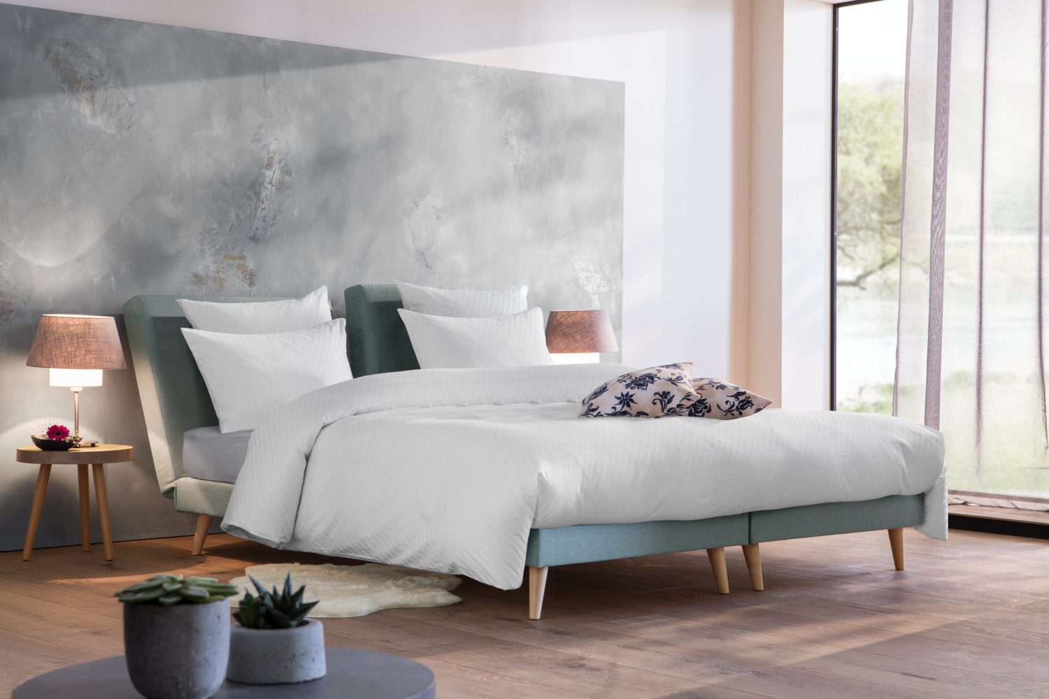 ERWIN M. LUSINI Rimini Bedding Set, 100% Cotton Damask, Diagonal Stripes, Hotel Closure, White, 140x200 cm Duvet Cover, 70x90 cm Pillowcase, OEKO-TEX