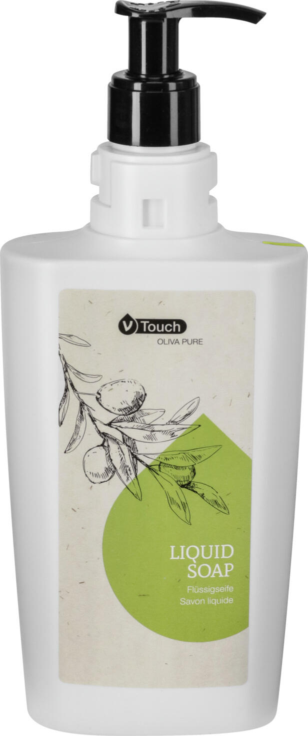 V-Touch LUSINI Solutions GmbH Hotel liquid soap Oliva Pure pump dispenser Hotel Flüssigseife Oliva Pure Pumpspender Hotel liquid soap Oliva Pure pump dispenser; 400 ml; green; 24 piece / pack Hotel Flüssigseife Oliva Pure Pumpspender; 400 ml; grün; 24 Stück / Pack Mild V-Touch Oliva Pure liquid soap. Oliva Pure liquid soap is formulated with extracts of organic olive oil, which moisturises the skin and leaves it silky soft and delicately scented. The creamy texture gently cleanses the skin, removes all impurities and leaves a fresh fragrance. Dermatologically tested and pH-neutral. The practical pump dispenser can be refilled easily and flexibly, it is best to order a canister at the same time. The dispenser bottle is made from 100 % recycled material and can either be used free-standing or hung in the matching wall bracket. Order matching holder separately.  Contents: 400 ml. This product from the V-Touch Olivia Pure care range offers customised design options - own label from 500 pieces. Milde V-Touch Oliva Pure Flüssigseife. Die Flüssigseife Oliva Pure ist mit Extrakten von Bio-Olivenöl, das die Haut mit Feuchtigkeit versorgt und seidig weich und zart duftend macht. Die  cremige Textur reinigt die Haut sanft, entfernt alle Unreinheiten und hinterlässt einen frischen Duft. Dermatologisch getestet und pH-neutral. Der praktische Pumpspender lässt sich einfach und flexibel nachfüllen, am besten gleich Kanister mitbestellen. Die Spenderflasche ist aus 100 % recyceltem Material und kann entweder frei stehen oder in die passende Wandhalterung eingehängt werden. Passende Halterung separat dazu bestellen.  Inhalt: 400 ml Dieses Produkt der V?Touch Pflege-Serie Olivia Pure bietet individuelle Gestaltungsmöglichkeiten – eigenes Etikett ab 500 Stück.