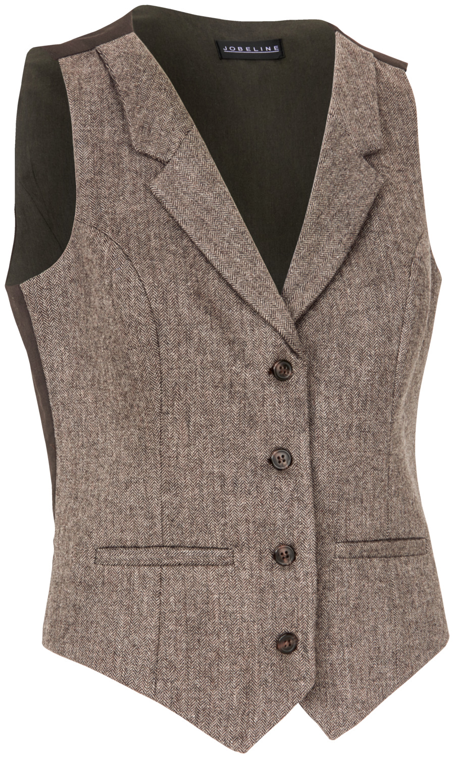 JOBELINE LUSINI Solutions GmbH Women's vest Austin Damen Weste Austin Women's vest Austin; Size 38; brown Damen Weste Austin; Kleidergröße 38; braun 60 % wool, 40 % polyester. 30°C gentle wash. Modern, high-quality ladies' waistcoat made from a wool/polyester blend in a herringbone look. With a narrow lapel collar, classic centre 4-button placket, two inside piped pockets and a functional, adjustable back strap. Fully lined and lined at the back for good ventilation. Tailored cut. Back length: 52.5 cm for size 36. 60 % Wolle, 40 % Polyester. 30°-Schonwäsche. Moderne, hochwertige Damenweste aus einem Woll-Polyestergemisch in Fischgratoptik. Mit schmalem Reverskragen, klassischer mittlerer 4-Knopfleiste, zwei innenliegenden Paspeltaschen und funktionalem, verstellbarem Rückenriegel. Komplett abgefüttert, sowie mit Futterstoff in der Rückenpartie gearbeitet für eine gute Belüftung. Tailliert geschnitten. Rückenlänge: 52,5 cm in Gr. 36