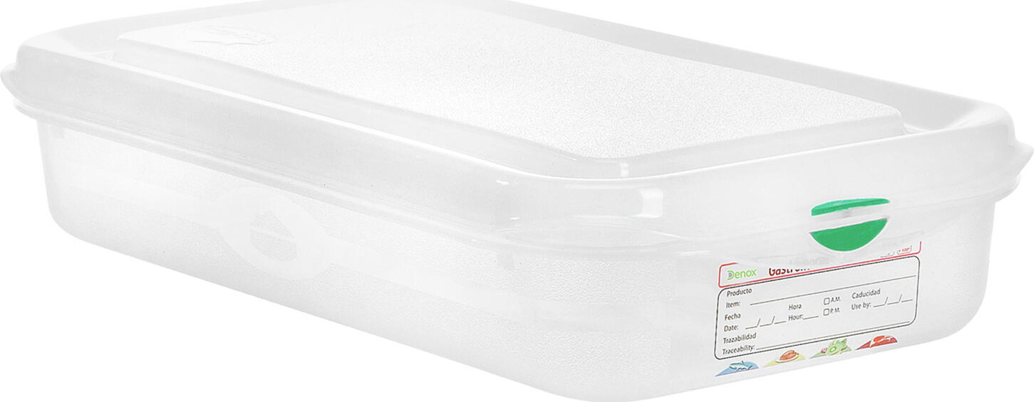 Denox FABRICANTES DE MENAJE, S. A. GN plastic container Dena 1/6 GN-Kunststoffbehälter Dena 1/6 GN plastic container Dena 1/6; GN 1/6, 1.1 l, 17.6x16.2x6.5 cm (LxWxD); transparent; 12 piece / pack GN-Kunststoffbehälter Dena 1/6; GN 1/6, 1.1 l, 17.6x16.2x6.5 cm (LxBxT); transparent; 12 Stück / Pack Affordable and stable GN storage boxes made of polypropylene (container) or polyethylene (lid). Food-safe and temperature-resistant from -10 °C to +70 °C. The boxes are standardized and dishwasher safe. They are provided with permanent labels for labeling content, date of storage, best before, etc.  The lids and containers can be marked with color clips to meet the hygiene regulations. The boxes are supplied with a tight lid and clips in four colors. Stabile GN-Vorratsboxen aus Polypropylen (Behälter) bzw. Polyethylen (Deckel). Lebensmittelecht und temperaturbeständig von -10 °C bis +70 °C. Spülmaschinenfest. Mit permanentem Etikett zur Beschriftung mit Inhalt, Einlagerungsdatum und MHD. Um die Hygieneverordnung einzuhalten, können Deckel und Behälter mit Farbclips gekennzeichnet werden. Lieferung inkl. Deckel und Clips.