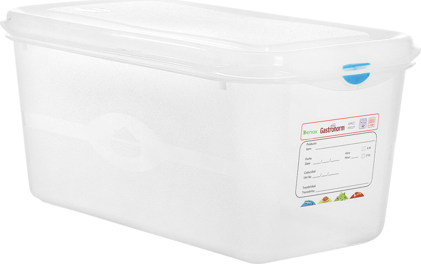 Denox FABRICANTES DE MENAJE, S. A. GN plastic container Dena 1/6 GN-Kunststoffbehälter Dena 1/6 GN plastic container Dena 1/6; GN 1/6, 1.7 l, 17.6x16.2x10 cm (LxWxD); transparent; 12 piece / pack GN-Kunststoffbehälter Dena 1/6; GN 1/6, 1.7 l, 17.6x16.2x10 cm (LxBxT); transparent; 12 Stück / Pack Affordable and stable GN storage boxes made of polypropylene (container) or polyethylene (lid). Food-safe and temperature-resistant from -10 °C to +70 °C. The boxes are standardized and dishwasher safe. They are provided with permanent labels for labeling content, date of storage, best before, etc.  The lids and containers can be marked with color clips to meet the hygiene regulations. The boxes are supplied with a tight lid and clips in four colors. Stabile GN-Vorratsboxen aus Polypropylen (Behälter) bzw. Polyethylen (Deckel). Lebensmittelecht und temperaturbeständig von -10 °C bis +70 °C. Spülmaschinenfest. Mit permanentem Etikett zur Beschriftung mit Inhalt, Einlagerungsdatum und MHD. Um die Hygieneverordnung einzuhalten, können Deckel und Behälter mit Farbclips gekennzeichnet werden. Lieferung inkl. Deckel und Clips.