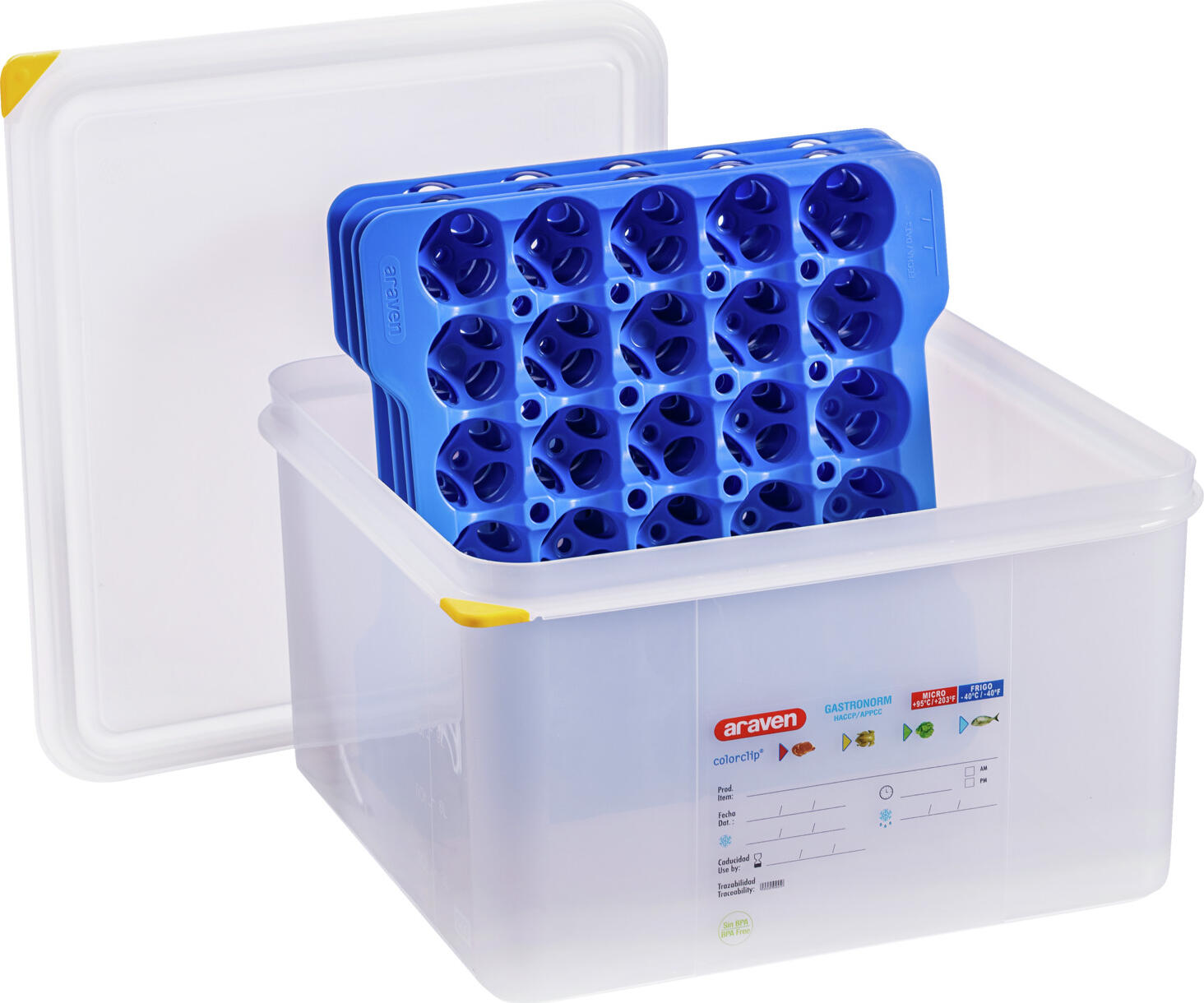 Tava de rezervă pentru ouă Araven 73056 GN 2/3, Polipropilenă fără BPA, 290x290x40mm, Bază Perforată, Compatibilă cu Mașina de Spălat Vase, HACCP, Albastră