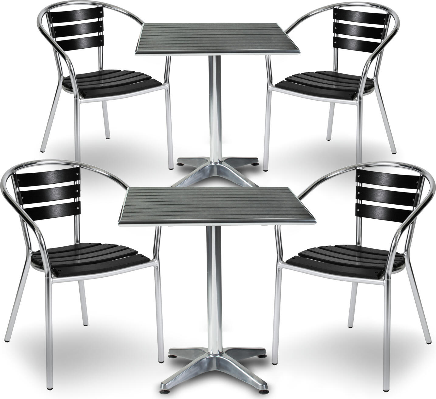 PULSIVA LUSINI Solutions GmbH Bistro furniture set Coffee Bar 6-piece Outdoor-Bistromöbel-Set Coffee Bar 6-tlg. Bistro furniture set Coffee Bar 6-piece; black/silver Outdoor-Bistromöbel-Set Coffee Bar 6-tlg.; schwarz/silber 6-piece bistro furniture set Coffee Bar, consisting of: 4x armchairs and 2x bistro table. Stacking chairs made of aluminium frame (Ø frame 2.5 cm; material thickness 1.2 mm) and plastic slats. Bistro table made of aluminium (frame Ø 5.8 cm, material thickness 1.2 mm) and plastic table top.  Armchair and table weatherproof and UV-resistant. Table with height levelling screws. Compact seating for outdoor catering, terrace and garden. Tables are delivered disassembled, fixing material included. 6-teiliges Bistromöbel-Set Coffee Bar, bestehend aus: 4x Sessel und 2x Bistro-Tisch. Stapelsessel aus Aluminiumgestell (Ø Gestell 2,5 cm; Materialstärke 1,2 mm) und Kunststofflatten. Bistro-Tisch aus Aluminium (Gestell Ø 5,8 cm, Materialstärke 1,2 mm) und Kunststofftischplatte.  Sessel und Tisch wetterfest und UV-beständig. Tisch mit Höhenausgleichsschrauben. Kompakte Sitzgelegenheit für die Außengastronomie, Terrasse und Garten. Lieferung der Tische erfolgt zerlegt, Befestigungsmaterial inklusive.