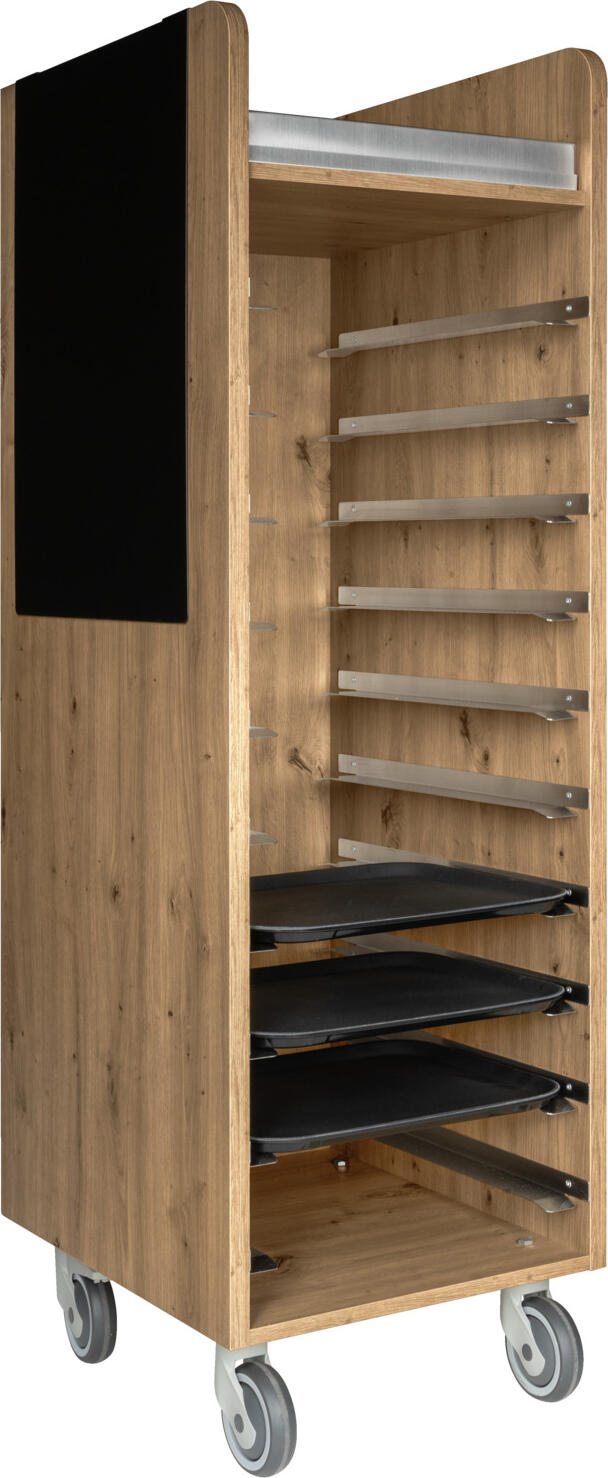 Carucioara pentru colectarea tavelilor VEGA LUSINI Baristo, 10 sine din otel inoxidabil, corp din panouri lemn, Culoare: Stejar Antic, 520x590x1661 mm