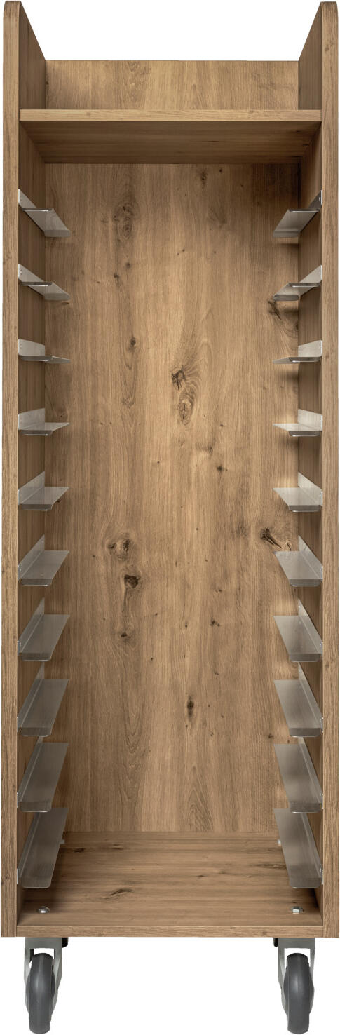 Carucioara pentru colectarea tavelilor VEGA LUSINI Baristo, 10 sine din otel inoxidabil, corp din panouri lemn, Culoare: Stejar Antic, 520x590x1661 mm