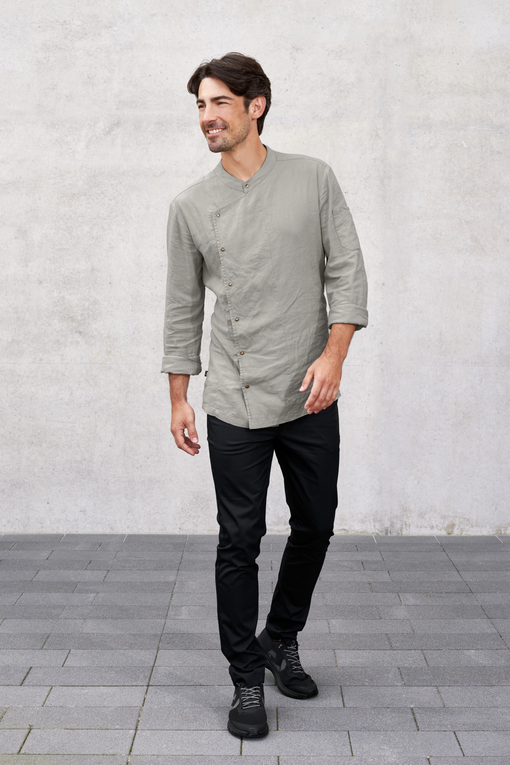 Jacketă Bucătărie JOBELINE Jacob Bărbați, Mânecă Lungă, 45% Bumbac 55% In, 180 g/m², Gri, Croială Dreaptă, Guler Cămașă, Buzunar Braț, Capturi