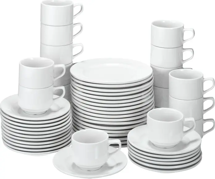 Pulsiva Rondon White Porcelain Coffee Set, 54 Pieces, 18 Cups 0.18l, 18 Saucers 15.5cm, 18 Plates 19cm, Stackable, Dishwasher and Microwave Safe
