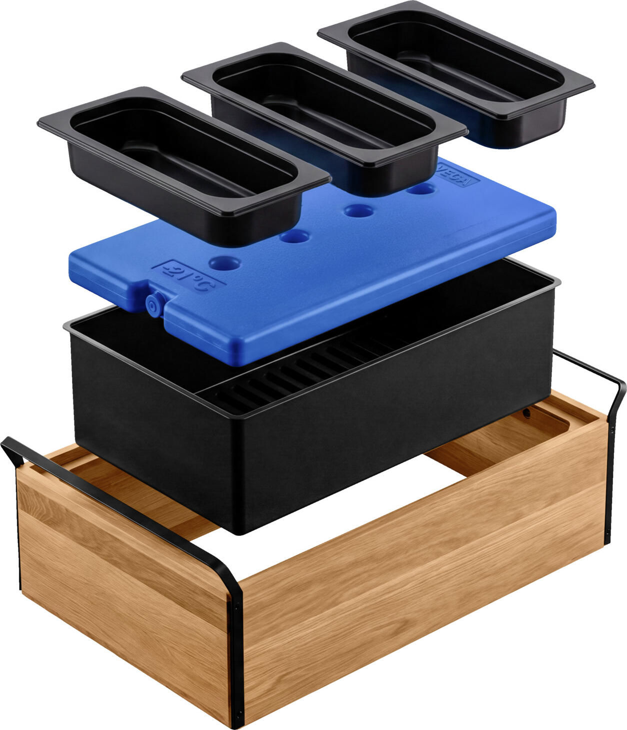 Vega Esino Buffet Chilled Tray Refrigerated Display Case, Oak Wood Base, 3 Black Melamine GN 1/3 Containers, GN 1/1 Standard, 61.9x38.6x20.9 cm