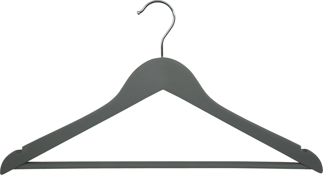 PULSIVA LUSINI Solutions GmbH Hotel coat hangers Colgado Hotel Kleiderbügel Colgado Hotel coat hangers Colgado; 44.5x23 cm (LxH); grey; 12 piece / pack Hotel Kleiderbügel Colgado; 44.5x23 cm (LxH); grau; 12 Stück / Pack Classic coat hanger made of lotus wood. With soft touch lacquer for an eye-catching look. In addition, the velvety surface of the coat hanger also prevents items of clothing hanging on it from slipping off. The hotel coat hanger has a skirt notch and a non-slip bar. Klassischer Kleiderbügel aus Lotosholz. Mit Soft Touch Lack für eine auffällige Optik. Darüber hinaus verhindert die samtartige Oberfläche des Kleiderbügels gleichzeitig das Abrutschen der darüber gehängten Kleidungsstücke. Der Hotelkleiderbügel verfügt über einen Rockeinschnitt und einen rutschfesten Steg.