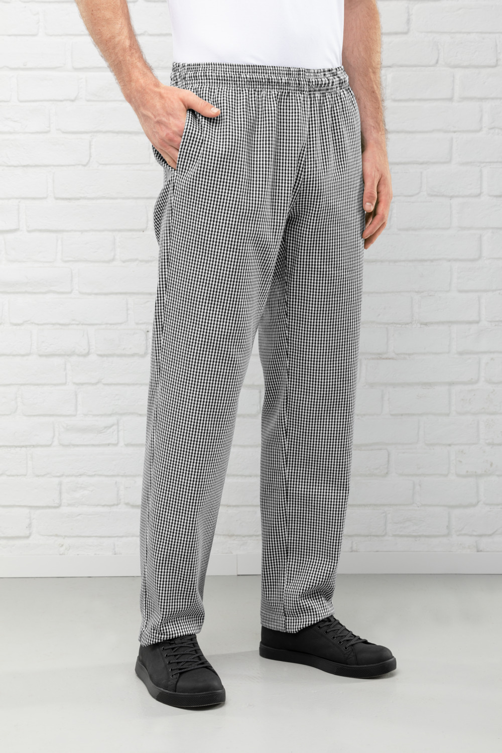 Pulsiva Nathan Men's Chef Trousers, 100% Cotton 220 g/m², Pepita Shepherd's Plaid, Straight Cut, Elastic Waistband with Drawstring, 4 Pockets