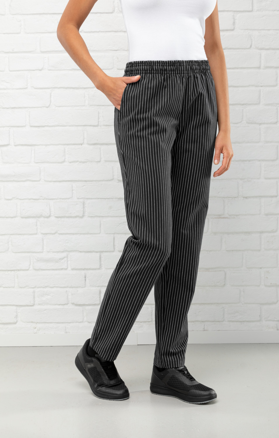 PULSIVA Loreen Women's Chef Trousers, Size 52, 100% Cotton, 235 g/m², Straight Cut, Elastic Waistband with Internal Cord, 4 Pockets, Black/White Striped Look
