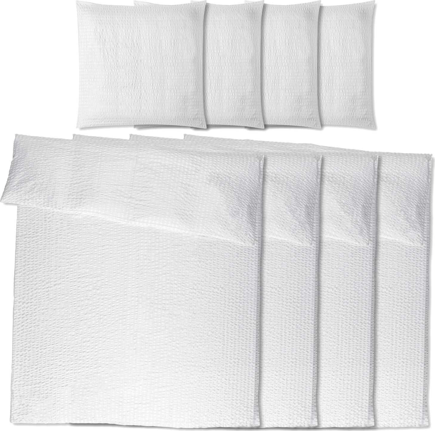 PULSIVA LUSINI Solutions GmbH Value pack bed linen set Madisson Seersucker Vorteilspack Bettwäsche-Set Madisson Seersucker Value pack bed linen set Madisson Seersucker; 135x200 cm (WxL), 80x80 cm (LxW); white; 4 set / pack Vorteilspack Bettwäsche-Set Madisson Seersucker; 135x200 cm (BxL), 80x80 cm (LxB); weiß; 4 Set(s) / Pack 100 % polyester, weight 100 g/m². 95° wash The Maddison bed linen set offers a functional solution for businesses that value easy-care textiles and clear housekeeping procedures. The range is made of 100% polyester, weighs approx. 100 g/m² and is characterised by a quick-drying, pleasantly soft material quality. The seersucker structure, which is created by a chemical finish, ensures noticeable lightness and good air circulation. Each set reaches its final size after the first wash and is suitable for hygienic cleaning at 95 °C. A major advantage in daily use is the hotel fastener, which makes it easier to change the covers and ensures that everything runs smoothly. With a thread density of 180 TC, the bed linen is designed for frequent textile changes and retains its shape even with regular use. The material dries quickly and is easy to handle, making it ideal for businesses that value reliable and easy-to-clean equipment. The set comprises four complete sets, each consisting of a duvet cover and a pillowcase. This quantity structure enables efficient furnishing of multi-bed or group accommodation as well as rooms with regular guest changes. Important features at a glance: * Pack of 4 sets: 1 duvet cover + 1 pillowcase per set * 100 % polyester, approx. 100 g/m² * Washable up to 95 °C * Easy-care, soft and quick-drying * Seersucker structure for good air circulation * 180 TC thread density, retains its shape after the first wash * Hotel fastener for quick covering 100 % Polyester, Gewicht 100 g/m². 95°-Wäsche Das Bettwäsche Set Maddison bietet eine funktionale Lösung für Betriebe, die Wert auf pflegeleichte Textilien und klare Abläufe im Housekeeping legen. Die Serie besteht aus 100?% Polyester, wiegt ca. 100?g/m² und zeichnet sich durch eine schnelltrocknende, angenehm weiche Materialqualität aus. Die Seersucker Struktur, die durch eine chemische Ausrüstung entsteht, sorgt für spürbare Leichtigkeit und eine gute Luftzirkulation. Jede Garnitur erreicht nach der ersten Wäsche ihre endgültige Größe und ist für eine hygienische Reinigung bei 95?°C geeignet. Ein wesentlicher Vorteil im täglichen Einsatz ist der Hotelverschluss, der das Wechseln der Bezüge vereinfacht und für gleichmäßige Abläufe sorgt. Mit einer Fadendichte von 180?TC ist die Bettwäsche auf häufigen Textilwechsel ausgelegt und bleibt auch bei regelmäßiger Nutzung formstabil. Das Material trocknet schnell, lässt sich leicht handhaben und eignet sich damit ideal für Betriebe, die Wert auf zuverlässige und einfach zu pflegende Ausstattungen legen. Das Set umfasst vier komplette Garnituren, bestehend aus jeweils einem Bettbezug und einem Kissenbezug. Diese Mengenstruktur ermöglicht eine effiziente Ausstattung von Mehrbett  oder Gruppenunterkünften sowie Zimmern mit regelmäßigem Gästewechsel. Wichtige Merkmale auf einen Blick: * 4 Garnituren Pack: je 1 Bettbezug + 1 Kissenbezug pro Garnitur * 100?% Polyester, ca. 100?g/m² * Waschbar bis 95?°C * Pflegeleicht, weich und schnelltrocknend * Seersucker Struktur für gute Luftzirkulation * 180?TC Fadendichte, formstabil nach der ersten Wäsche * Hotelverschluss für schnelles Beziehen
