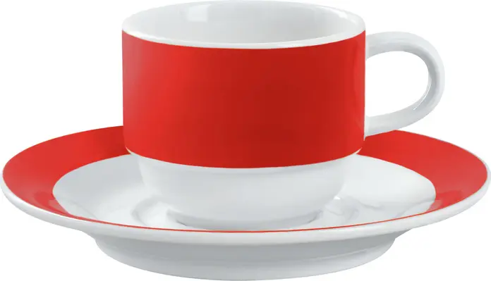 Pulsiva Coffee Saucers, White Porcelain with Red Rim, 15.3 cm Diameter, Robust Dishwasher and Microwave Safe, System Catering Grade