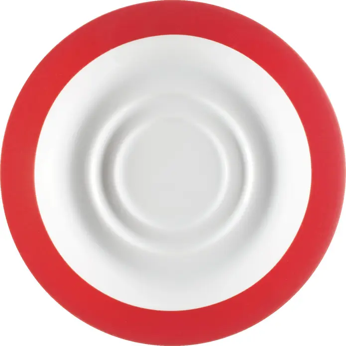 Pulsiva Coffee Saucers, White Porcelain with Red Rim, 15.3 cm Diameter, Robust Dishwasher and Microwave Safe, System Catering Grade