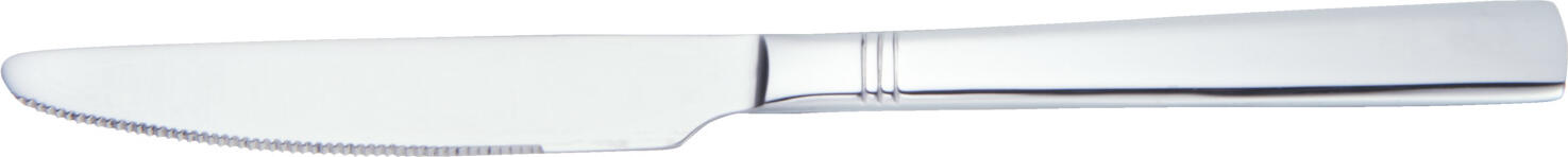 PULSIVA LUSINI Solutions GmbH Table knife Berlin Menümesser Berlin Table knife Berlin; 21.8 cm (L); silver, handle silver; 12 piece / pack Menümesser Berlin; 21.8 cm (L); silber, Griff silber; 12 Stück / Pack 18/10 chrome-nickel stainless steel (menu knife Mono. 13/0). Modern cutlery with discreet 3-line decoration in the upper part of the handle. Highly polished. Material thickness suitable for gastronomy: 2.5 mm (measured at the strongest point of the menu fork). Dishwasher safe. Chrom-Edelstahl 13/0, rostfrei. Modernes Menümesser mit dezentem 3-Linien-Dekor im oberen Teil des Griffes. Hochglanzpoliert. Gastronomiegerechte Materialstärke 2,5 mm (gemessen an der stärksten Stelle der Menügabel). Spülmaschinenfest.