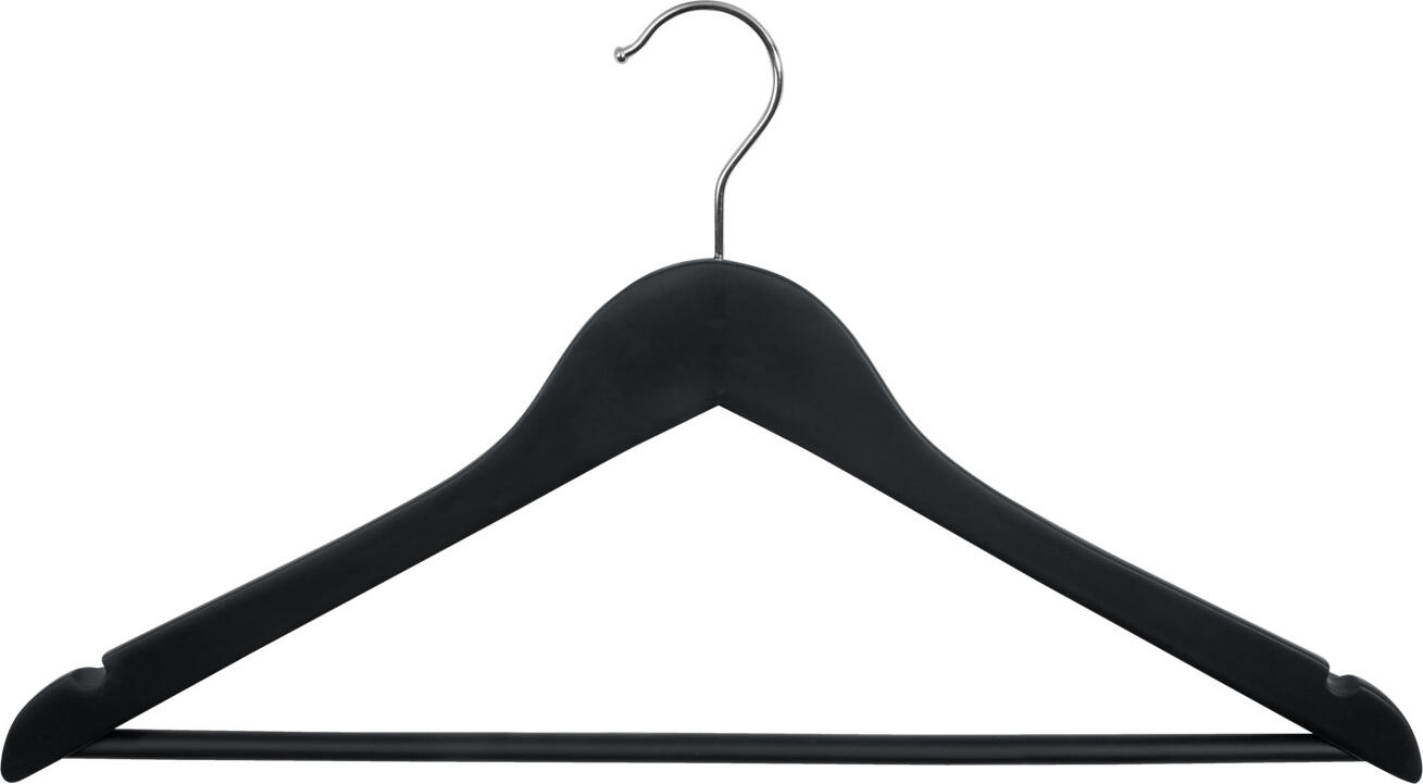 PULSIVA LUSINI Solutions GmbH Hotel coat hangers Colgado Hotel Kleiderbügel Colgado Hotel coat hangers Colgado; 44.5x23 cm (LxH); black; 12 piece / pack Hotel Kleiderbügel Colgado; 44.5x23 cm (LxH); schwarz; 12 Stück / Pack Classic coat hanger made of lotus wood. With soft touch lacquer for an eye-catching look. In addition, the velvety surface of the coat hanger also prevents items of clothing hanging on it from slipping off. The hotel coat hanger has a skirt notch and a non-slip bar. Klassischer Kleiderbügel aus Lotosholz. Mit Soft Touch Lack für eine auffällige Optik. Darüber hinaus verhindert die samtartige Oberfläche des Kleiderbügels gleichzeitig das Abrutschen der darüber gehängten Kleidungsstücke. Der Hotelkleiderbügel verfügt über einen Rockeinschnitt und einen rutschfesten Steg.