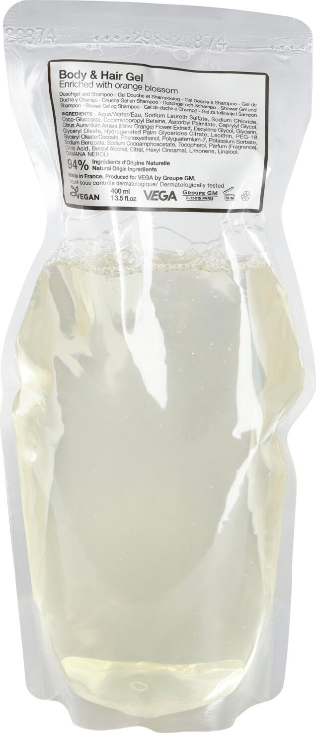 V-Touch LUSINI Solutions GmbH Hotel shampoo and shower gel Mountain Spa 2 in 1, refill bag Hotel Shampoo und Duschgel Mountain Spa 2 in 1, Nachfüllbeut Hotel shampoo and shower gel Mountain Spa 2 in 1, refill bag; 400 ml; transparent; 18 piece / pack Hotel Shampoo und Duschgel Mountain Spa 2 in 1, Nachfüllbeutel; 400 ml; transparent; 18 Stück / Pack Sustainable, high-quality V-Touch Mountain Spa hair and body care in one. The gently cleansing hair and body gel is suitable for all hair and skin types. A delicate, fresh and floral fragrance with a woody note ensures a gentle and relaxing care experience. With nourishing orange blossom extracts. Dermatologically tested and pH-neutral! The refill bag is made from just 8 g of recyclable plastic, reducing waste.  The seal ensures complete traceability of the cosmetics. Nachhaltige, hochwertige V-Touch Mountain Spa Haar- und Körperpflege in einem. Das sanft reinigende Haar- und Körpergel ist für jeden Haar- und Hauttyp geeignet. Ein zarter, frischer und floraler  Duft mit einer holzigen Note sorgt für ein zartes und entspannendes Pflegeerlebnis. Mit pflegenden Extrakten der Orangenblüte. Dermatologisch getestet und pH-neutral! Der Nachfüllbeutel besteht aus nur 8 g recycelbarem Kunststoff und reduziert so den Abfall.  Durch die Versiegelung ist eine vollständige Rückverfolgbarkeit der Kosmetik gegeben.