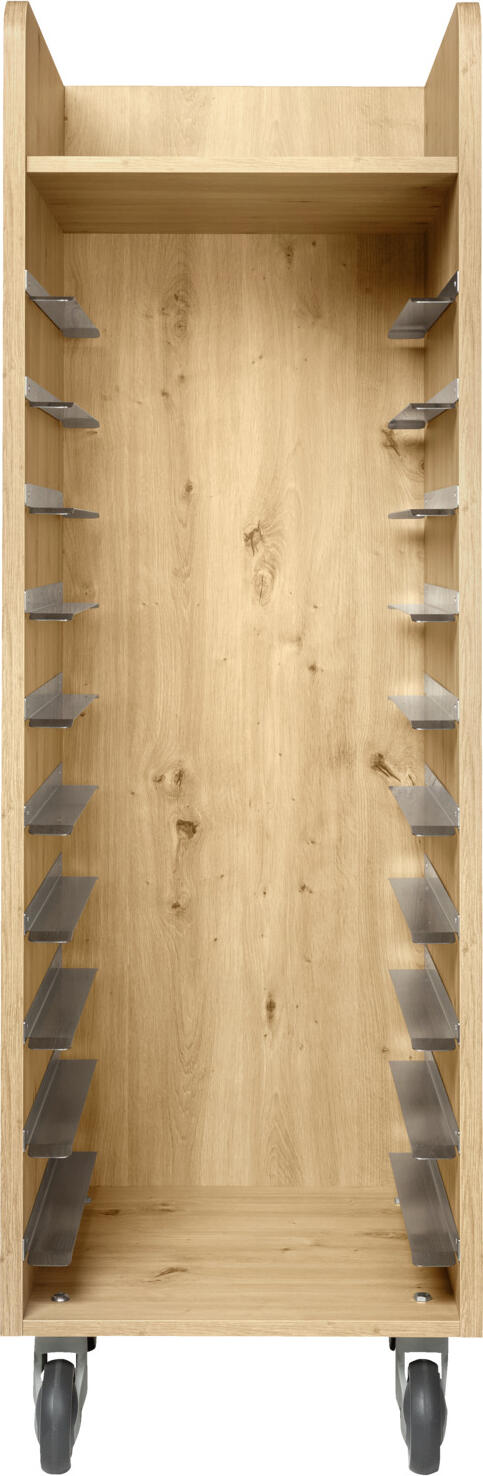 VEGA LUSINI Baristo Tray Clearing Trolley, 10 Stainless Steel Rails, Wood-based Body, Wild Oak, 520x590x1661 mm, with Swivelling Castors