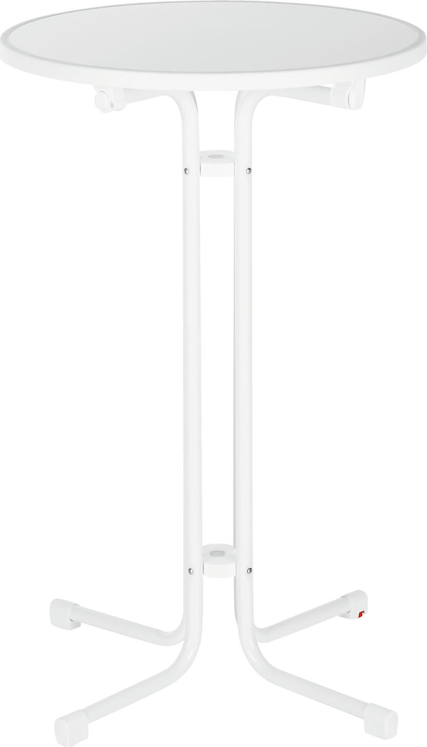 PULSIVA LUSINI Solutions GmbH Bar table Circle Stehtisch Circle Bar table Circle; 80x110 cm (ØxH); white; round Stehtisch Circle; 80x110 cm (ØxH); weiß; rund Bar table made of a tubular steel frame and four feet. The round table top is made of high quality plastic. Foldable, scratch resistant, UV-resistant, weather and temperature resistant up to 180 °C. With edge protection made of plastic. With height adjustment screws. Only 15 cm deep when folded. Suitable for outdoor use. Order matching table covers at the same time. Stehtisch aus einem Stahlrohrgestell und vier Füßen. Die runde Tischplatte ist aus hochwertigem Kunststoff gefertigt. Klappbar, kratzfest, UV-beständig, witterungs- und temperaturbeständig bis 180 °C. Mit Kantenschutz aus Kunststoff. Mit Höhenausgleichsschrauben. Zusammengeklappt nur 15 cm tief. Für den Außenbereich geeignet. Passende Tischhussen gleich mitbestellen.