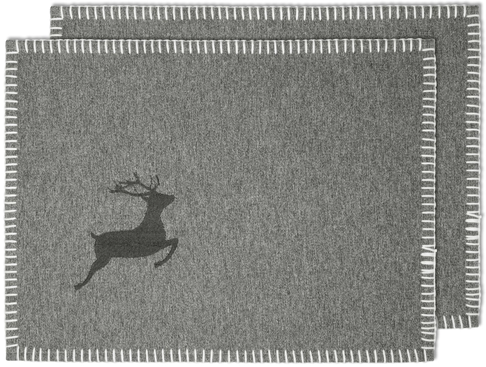 Seturi de masa ERWIN M. LUSINI Cornus, Gri, Aspect de Feltru din Poliester 100%, Motiv cu Cerb Brodat, 30 x 45 cm, Certificare OEKO-TEX Standard 100