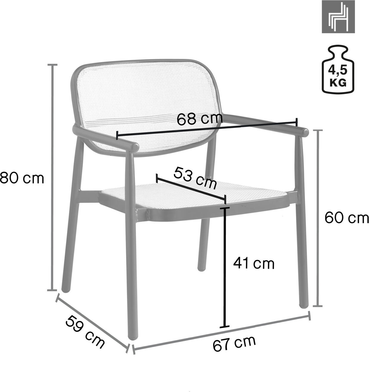 Scaun exterior lounge VEGA Candia, cadru aluminiu vopsit electrostatic, scaun polyrattan imitare ratan, rezistent la intemperii, stivuibil, 80x67x68 cm