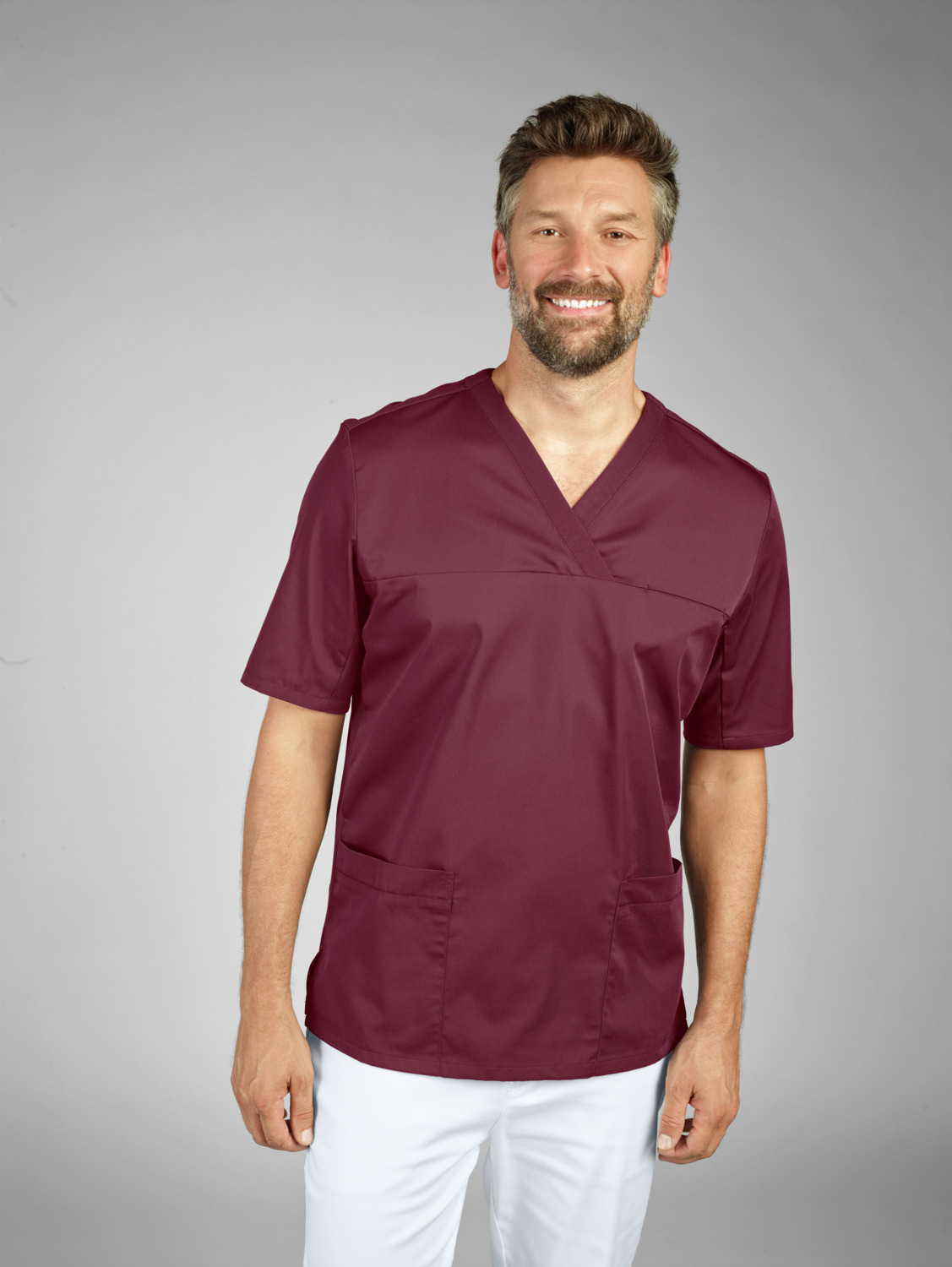 Jobeline Calva Men's Short-Sleeved Pull-On Tunic, V-Neck, Polyester-Cotton Blend, Breathable Piqué Back and Sleeves, Chest and Patch Pockets, Size L