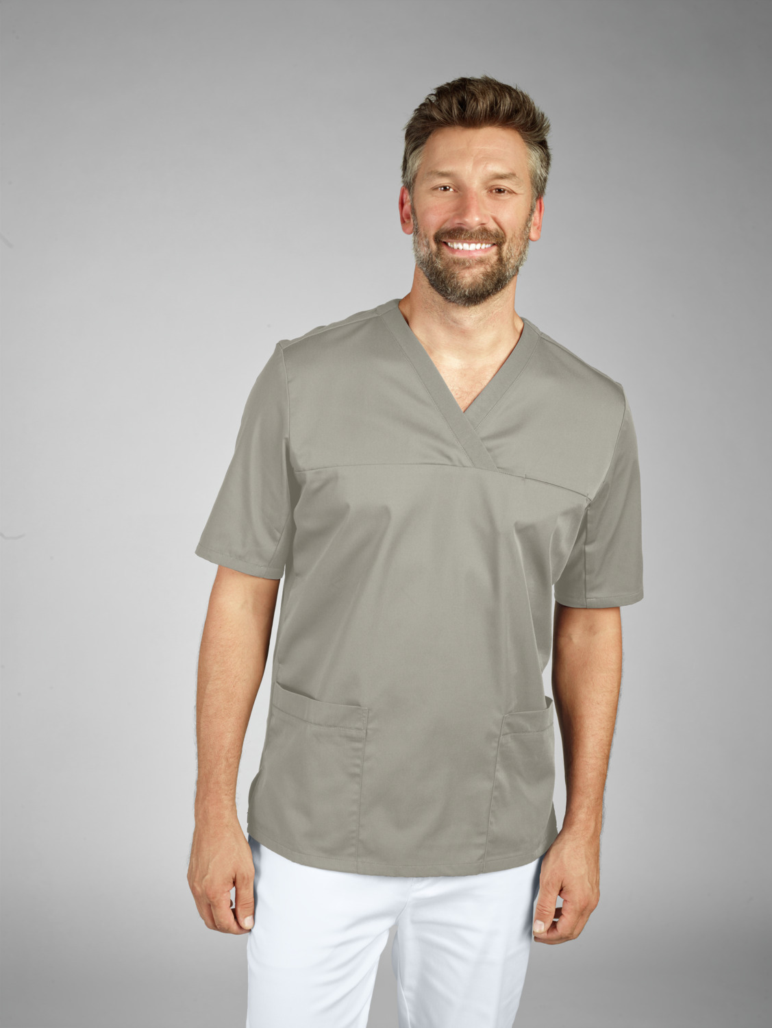 Jobeline Calva Men's Short-Sleeved Pull-On Tunic, V-Neck, Polyester Cotton Piqué, 3 Chest and Hem Pockets, OEKO-TEX Standard 100