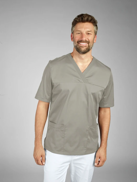 Jobeline Calva Men's Short-Sleeved Pull-On Tunic, V-Neck, Polyester Cotton Piqué, 3 Chest and Hem Pockets, OEKO-TEX Standard 100