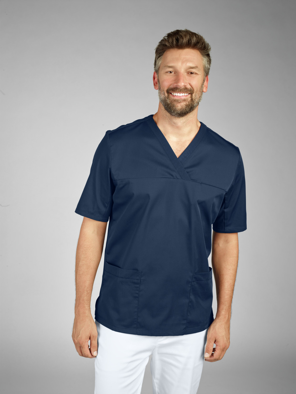 Jobeline Calva Men's Short-Sleeved Pull-On Tunic, V-Neck, Polyester-Cotton Blend, Breathable Piqué Back, OEKO-TEX Standard 100, 150 g/m²