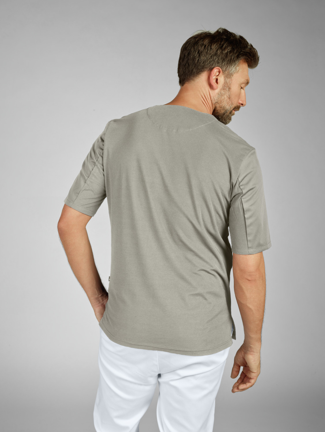 Jobeline Calva Men's Short-Sleeved Pull-On Tunic, V-Neck, Polyester-Cotton Blend, Breathable Pique Back, Chest and Patch Pockets, OEKO-TEX Certified