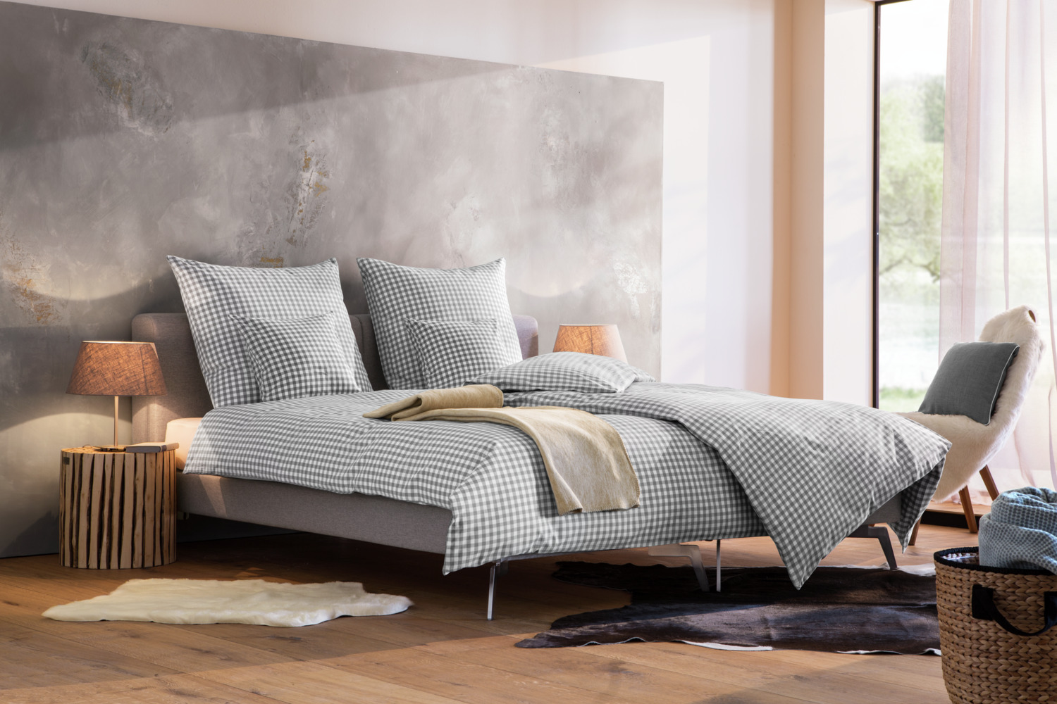 LUSINI Tux Seersucker Duvet Cover, 100% Mercerised Cotton, 135 x 200 cm, Grey Checked Pattern, OEKO-TEX Standard 100, Easy-Care Hotel Fastener