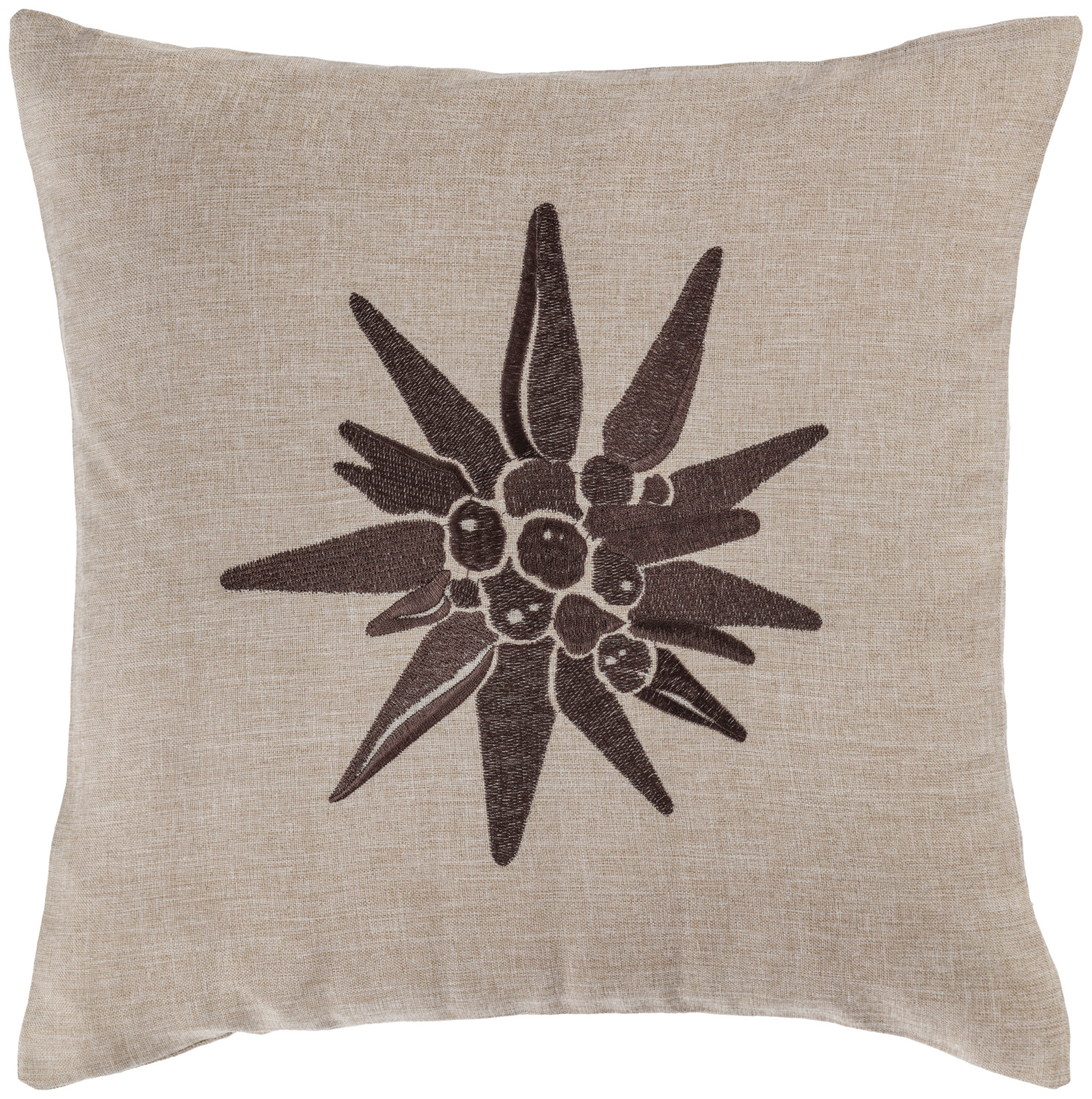 ERWIN M. LUSINI Solutions GmbH Cushion cover Alpino floral motif Kissenhülle Alpino Blumen-Motiv Cushion cover Alpino floral motif; 40x40 cm (WxL); sand Kissenhülle Alpino Blumen-Motiv; 40x40 cm (BxL); sand 100% polyester. Weight approx. 210 g/m². Decorative cushion cover with embroidered edelweiss. Practical zip fastening for easy removal and replacement of the cover. Supplied without filling. Hard-wearing. 100 % Polyester. Gewicht ca. 210 g/m². Dekokissenbezug mit aufgesticktem Edelweiß. Praktischer Reißverschluss für einfaches Ab- und Beziehen. Lieferung ohne Füllung. Strapazierfähig.