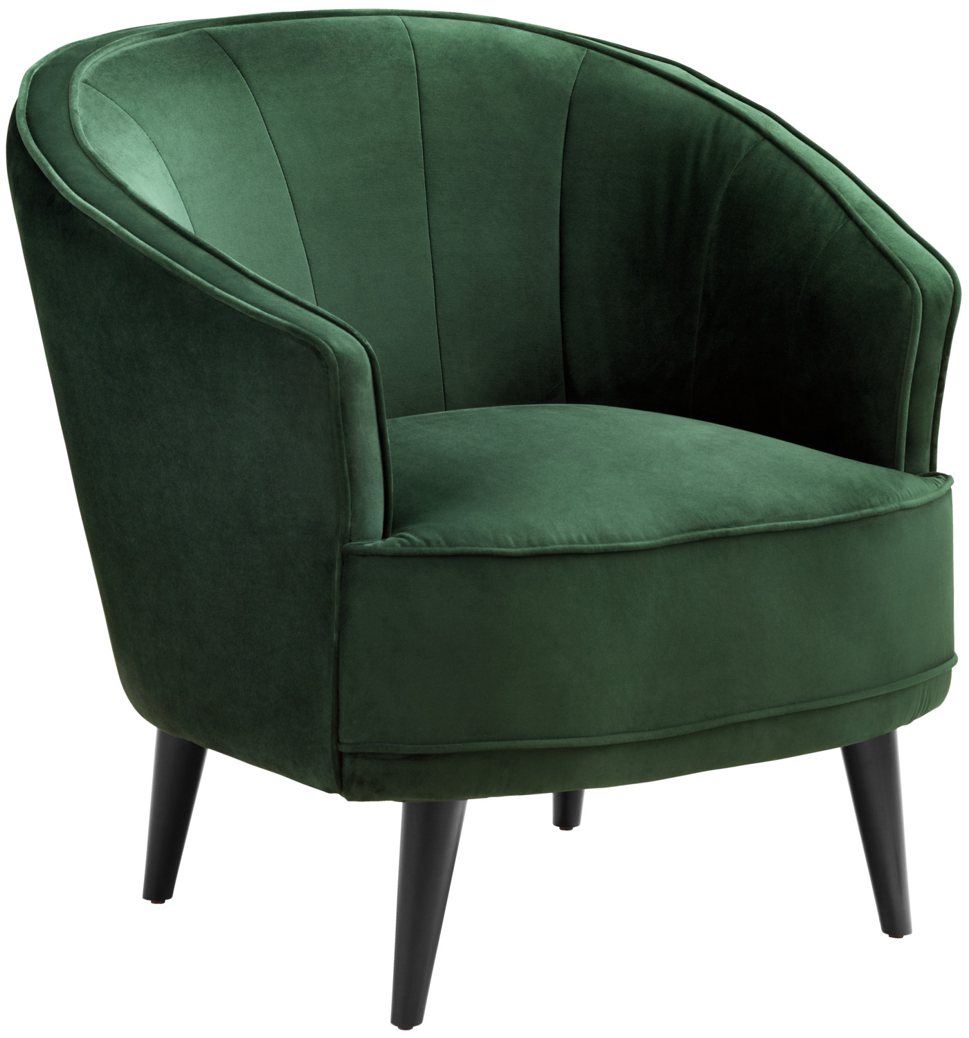 VEGA LUSINI Solutions GmbH Lounge armchair Garbo Loungesessel Garbo Lounge armchair Garbo; 86x75x84 cm (WxDxH); seat fir-green, base black Loungesessel Garbo; 86x75x84 cm (BxTxH); Sitz tannengrün, Gestell schwarz Noble armchair made of velvet cover (100% polyester) and black lacquered beech legs. Elegant quilting on the inside enhances the armchair. Distance from the floor is 20 cm. Only suitable for indoor use. Delivery is disassembled, attach legs using the supplied assembly material. Edler Sessel aus Samtbezug (100 % Polyester) und schwarz lackierten Buchenbeinen. Eine elegante Steppung an der Innenseite wertet den Sessel auf. Abstand zum Boden beträgt 20 cm. Nur für den Innenbereich geeignet. Lieferung erfolgt zerlegt, Beine anhand des mitgelieferten Montagematerials befestigen.