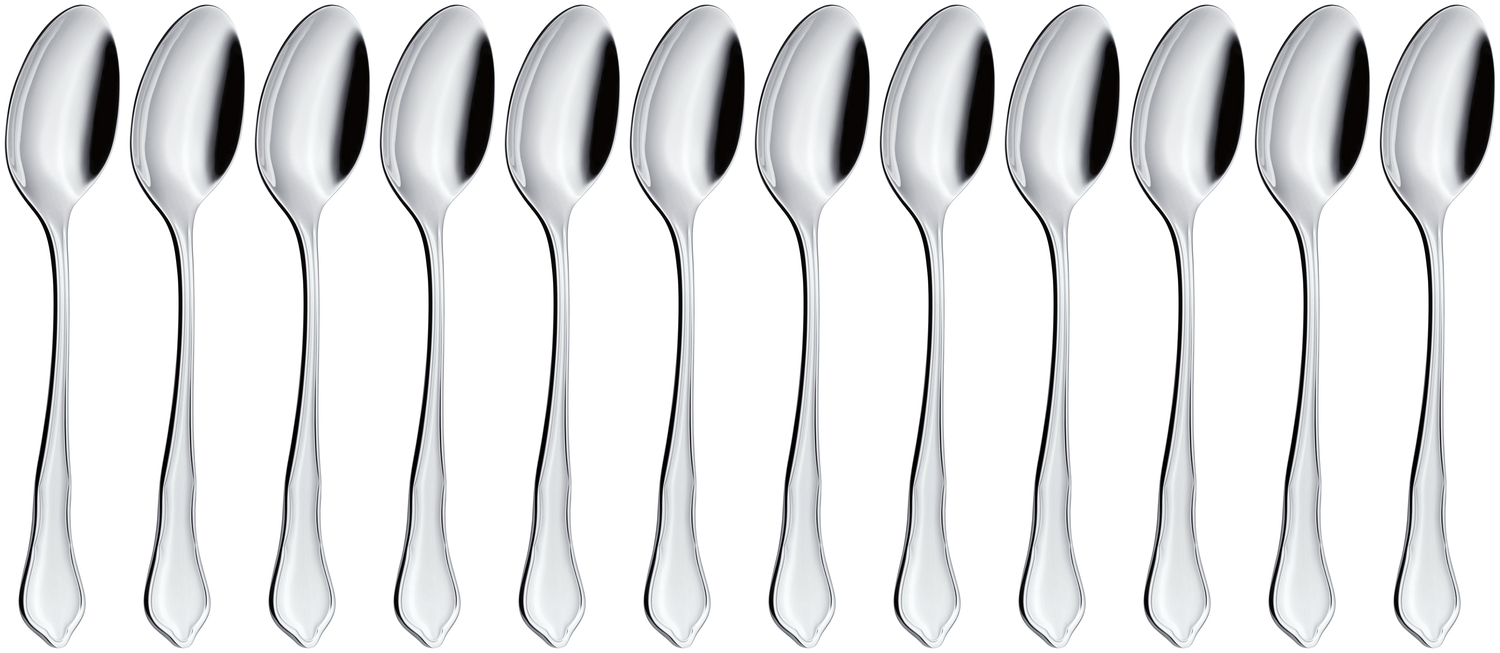 VEGA LUSINI Solutions GmbH Table spoon Chippendale Menülöffel Chippendale Table spoon Chippendale; 20.4 cm (L); silver, handle silver; 12 piece / pack Menülöffel Chippendale; 20.4 cm (L); silber, Griff silber; 12 Stück / Pack Chrome-nickel stainless steel 18/10. Classic and timeless table spoon. Mirror polished. Material thickness 2.5 mm (measured at the strongest point of the table fork). Dishwasher safe. Chrom-Nickel-Edelstahl 18/10, rostfrei. Klassischer und zeitloser Menülöffel. Hochglanzpoliert. Gastronomiegerechte Materialstärke 2,5 mm (gemessen an der stärksten Stelle der Menügabel). Spülmaschinenfest.