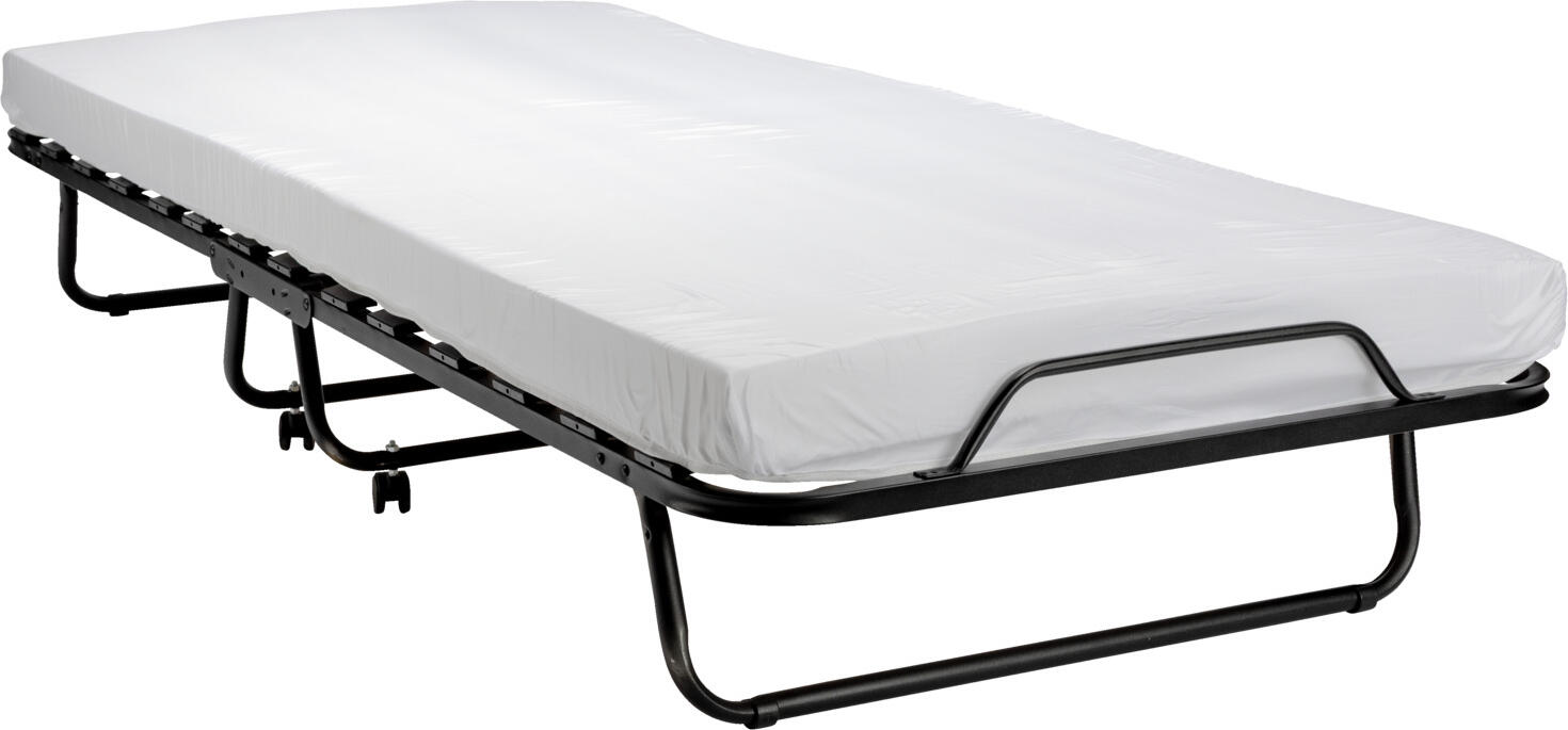 VEGA LUSINI Solutions GmbH Folding bed Ron Klappbett Ron Folding bed Ron; 90x200x39 cm (WxLxH); black; medium Klappbett Ron; 90x200x39 cm (BxLxH); schwarz; H2-medium Folding bed with integrated slatted base and foam mattress. Sturdy frame. Slatted base with 17 wooden slats. 10 cm thick foam mattress with a density of 24 kg/m³. Mattress cover made from 100% polyester. Quick and easy to use; the bed folds away and can be stored to save space. Easy to transport: when folded, the bed can be rolled on wheels. Dimensions when folded: 90x110x30 cm (WxHxD). Klappbett mit integriertem Lattenrost und Schaummatratze. Robustes Gestell. Lattenrost mit 17 Holzleisten. 10 cm hohe Schaummatratze mit einem Raumgewicht von 24 kg/m³. Matratzenbezug aus 100 % Polyester. Schnelle und einfache Handhabung, Bett klappbar und platzsparend zu verstauen. Leicht zu transportieren: im zusammengeklappten Zustand kann das Bett auf Räder gerollt werden. Maße in zusammengeklapptem Zustand: 90x110x30 cm (BxHxT).