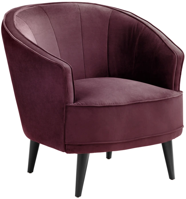 VEGA Garbo Lounge Armchair, Violet Velvet Polyester Cover, Black Lacquered Beech Wood Legs, 86x75x84 cm, Elegant Interior Quilting, 100k Martindale