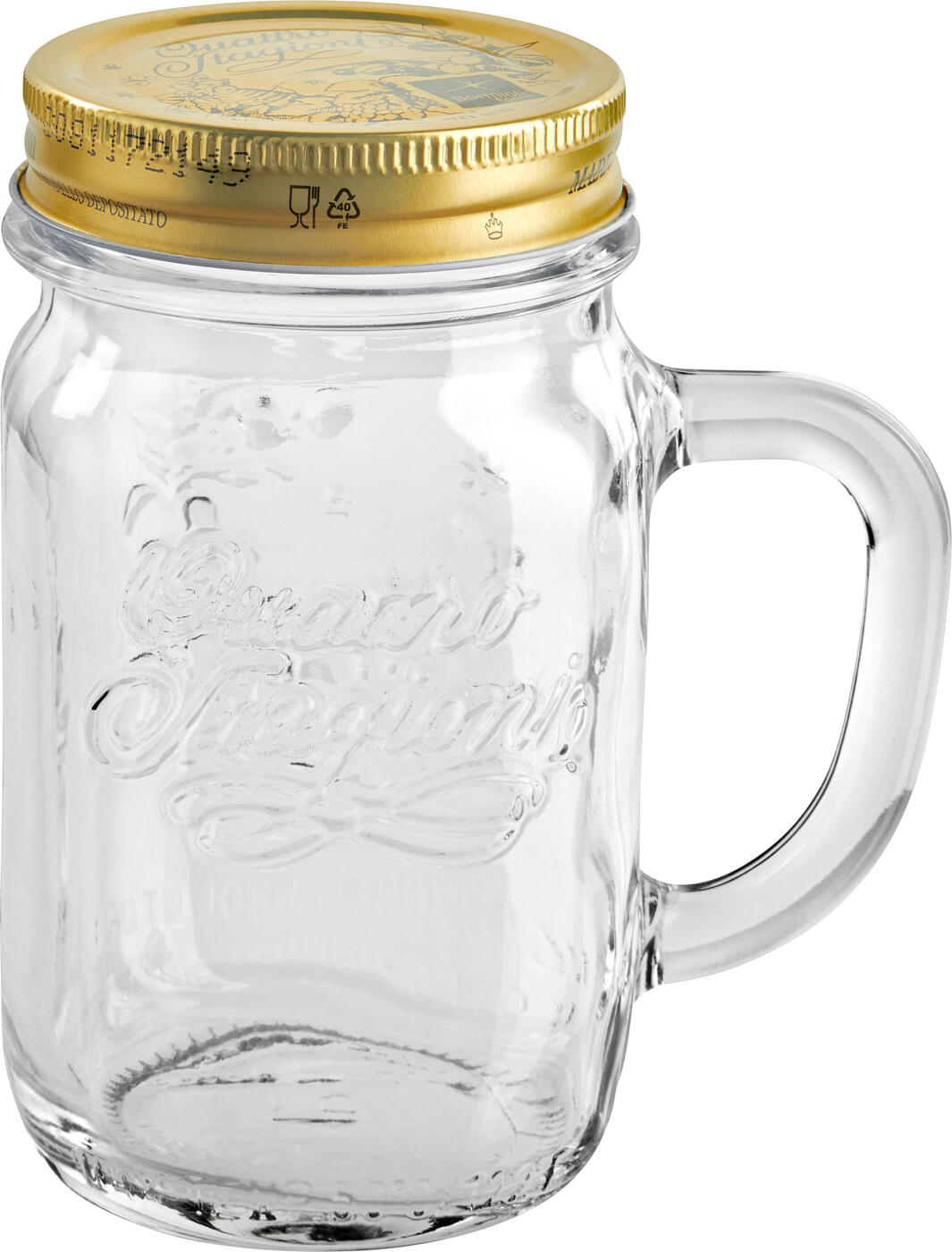 Bormioli Rocco Bormioli Luigi S.p.A. Glass with handle  Quattro Stagioni Henkelglas Quattro Stagioni Glass with handle  Quattro Stagioni; 480 ml, 6.6x13.6 cm (ØxH); transparent; 12 piece / pack Henkelglas Quattro Stagioni; 480 ml, 6.6x13.6 cm (ØxH); transparent; 12 Stück / Pack Mug made of glass, lid made of aluminum. Food safe. Dishwasher safe. Glass dishwasher safe and microwaveable up to 70°C. Not suitable for canning. Becher aus Glas, Deckel aus Aluminium. Lebensmittelecht. Spülmaschinenfest. Glas spülmaschinenfest und mikrowellengeeignet bis 70 °C. Nicht zum Einkochen geeignet.