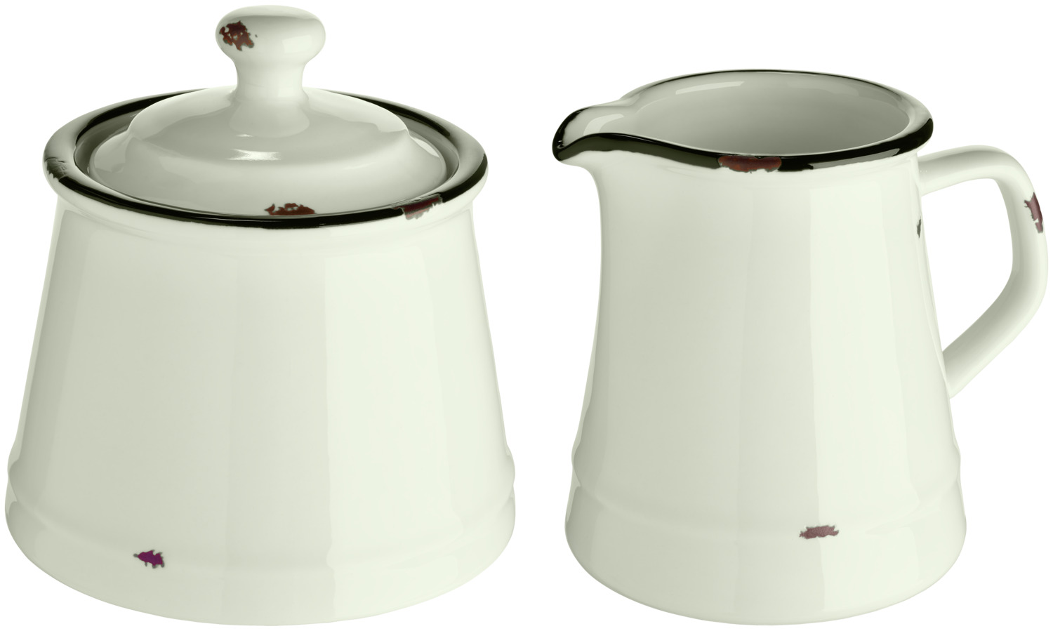 VEGA LUSINI Solutions GmbH Milk and sauce jug Liron Milchkännchen & Zuckerdose Liron Milk and sauce jug Liron; cream white/black; round Milchkännchen & Zuckerdose Liron; cremeweiß/schwarz; rund Porcelain sugar bowl and jug in retro design. With black rim and decorative chipping on edges and outer surfaces. The set includes one sugar bowl with lid 200 ml (ØxH 8x12 cm) and one jug 250 ml (ØxH 7.5x9 cm). Dishwasher safe and microwaveable. Zuckerdose und Gießer aus Porzellan im Retro-Design. Mit schwarzem Rand und dekorativen Abplatzungen an Rändern und Außenflächen. Im Set befindet sich jeweils eine Zuckerdose mit Deckel 200 ml (ØxH 8x12 cm) und ein Gießer 250 ml (ØxH 7,5x9 cm). Spülmaschinenfest und mikrowellengeeignet.