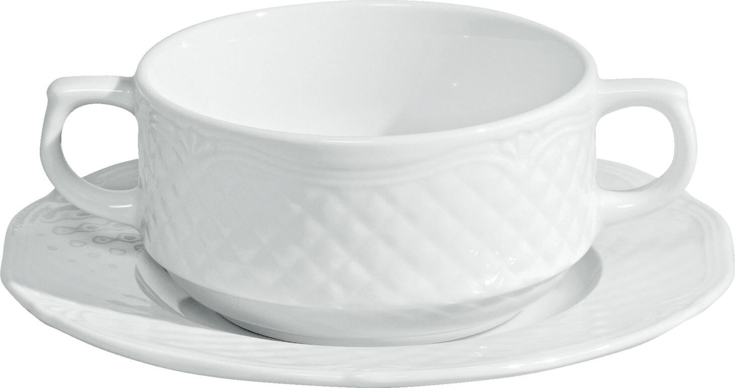 Cupă pentru supă VEGA Zurich din porțelan, 300ml Albă, Formă Rotundă cu Model Relief Clasic, Compatibilă cu Mașina de Spălat Vase și Cuptorul cu Microunde, i30133277