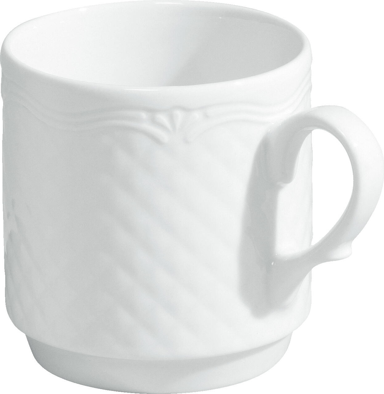 VEGA LUSINI Solutions GmbH Coffee mug Zürich Kaffeebecher Zürich Coffee mug Zürich; 300 ml, 8x8.6 cm (ØxH); white; round; 6 piece / pack Kaffeebecher Zürich; 300 ml, 8x8.6 cm (ØxH); weiß; rund; 6 Stück / Pack White porcelain mug. With classic elegant relief. Dishwasher safe and microwaveable. Weißer Becher aus Porzellan. Mit klassisch-elegantem Relief. Spülmaschinenfest und mikrowellengeeignet.