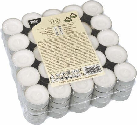 PAPSTAR Papstar GmbH Tealights Ø 39 mm Teelichter Ø 39 mm Tealights Ø 39 mm; 3.9x1.7 cm (ØxH); white; 1000 piece / pack Teelichter Ø 39 mm; 3.9x1.7 cm (ØxH); weiß; 1000 Stück / Pack Due to their uniform size, these hardly sooting standard tealights fit into almost all commercially available lanterns and tealight holders. With an average burn time of 4 hours, you and your guests will be able to enjoy these atmospheric lights for a long time. Thanks to the practical block pack, you can easily buy the tealights in stock and store them in a space-saving way. Each pack contains 1,000 tealights, divided into 10 individual blocks. Give your guests many hours of light in your outdoor area! (Benefits: 4 hours burning time). Aufgrund der einheitlichen Größe passen diese kaum rußenden Standard-Teelichter in fast alle handelsüblichen Windlichter und Teelichthalter. Mit einer durchschnittlichen Brenndauer von 4 Stunden haben Sie und Ihre Gäste an diesen stimmungsvollen Lichtern lange Freude. Dank der praktischen Blockpackung können Sie die Teelichter problemlos auf Lager kaufen und platzsparend aufbewahren. Im Lieferumfang befinden sich jeweils 1.000 Teelichter, aufgeteilt in 10 einzelne Blöcke. Bescheren Sie Ihren Gästen viele leuchtende Stunden in Ihrem Außenbereich! (Benefits: 4 Stunden Brenndauer