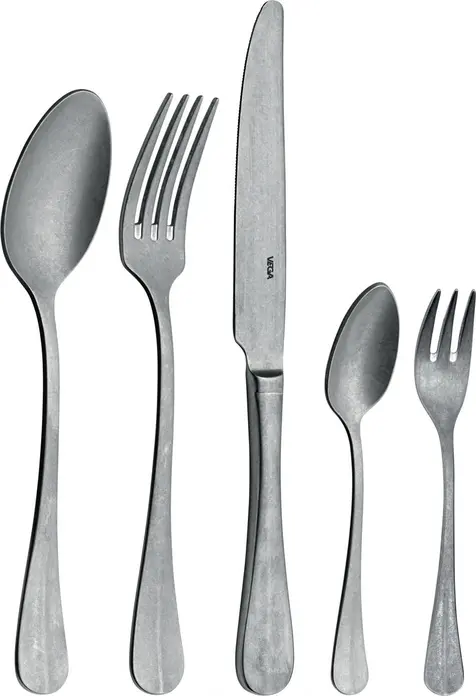 VEGA Memory Cutlery Sample Set, 5 Pieces, 13/0 Stainless Steel, Patinized Effect Finish, 3mm Thickness, Silver, Dishwasher Safe, Catering Grade